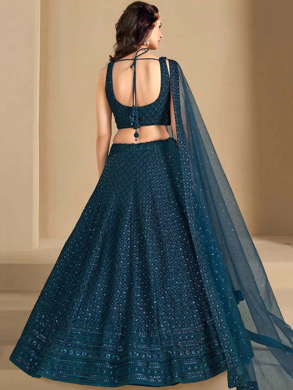 Teal sequin lehenga choli with back tie blouse and sheer dupatta, Indian ethnic wear