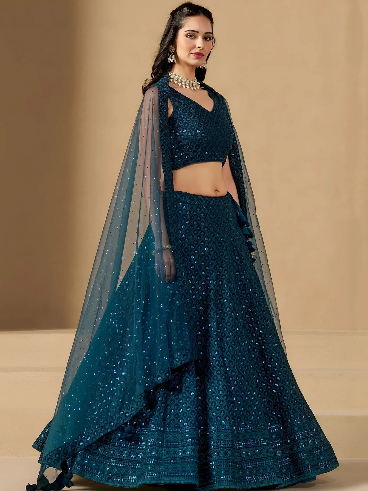 Teal sequin lehenga choli with sheer cape, Indian ethnic wear for weddings and parties