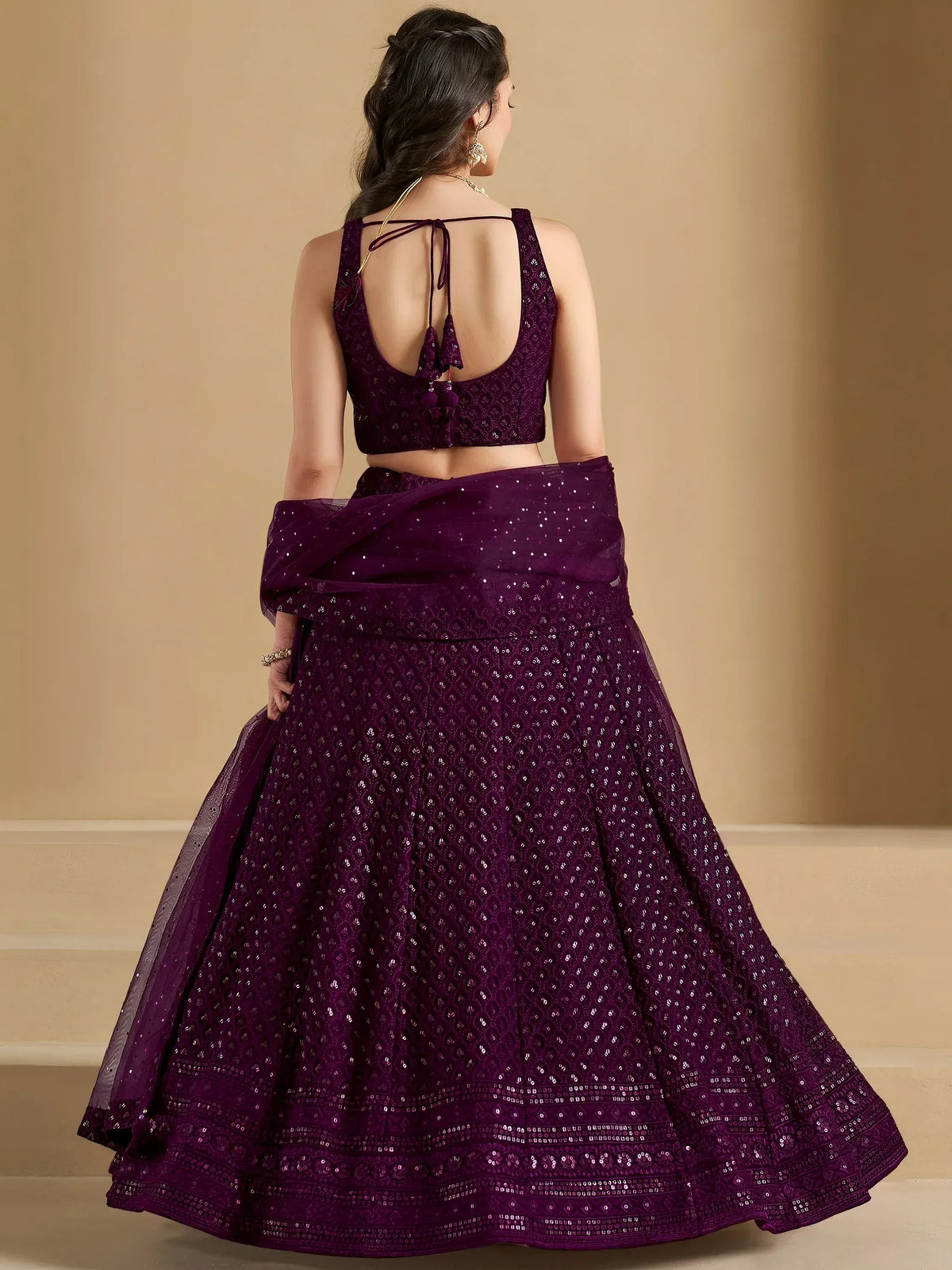Purple sequin lehenga choli with back tie blouse, ethnic Indian wear for weddings and parties