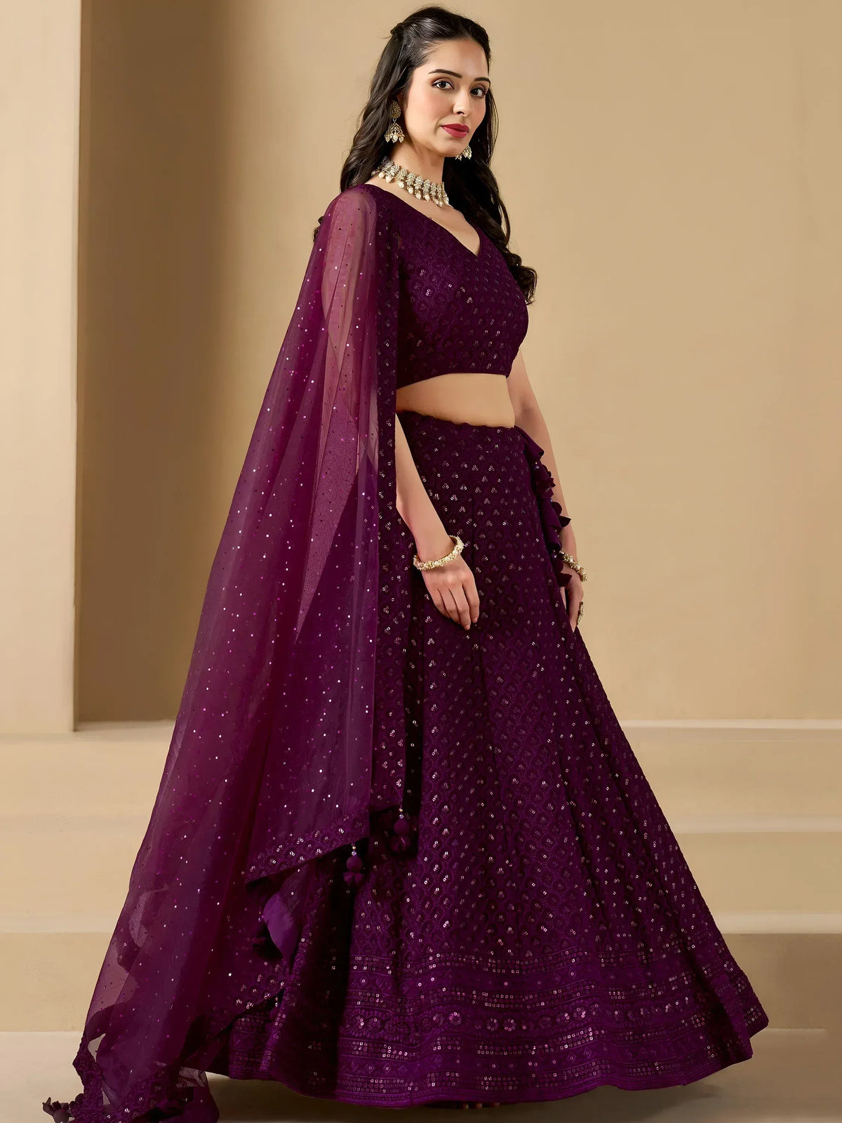 Purple sequin lehenga choli with sheer cape, ethnic Indian wedding wear