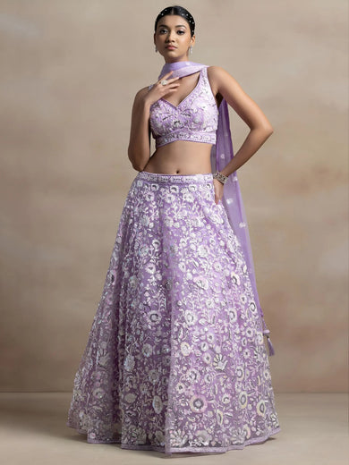 Adorable Lavender Sequins Net Bridesmaid Lehenga Choli With Dupatta