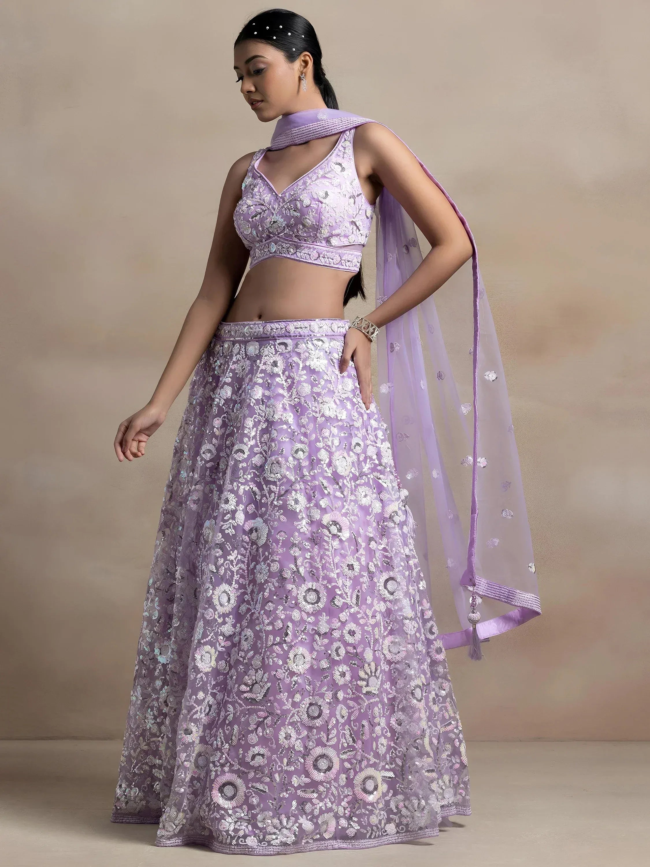 Adorable Lavender Sequins Net Bridesmaid Lehenga Choli With Dupatta