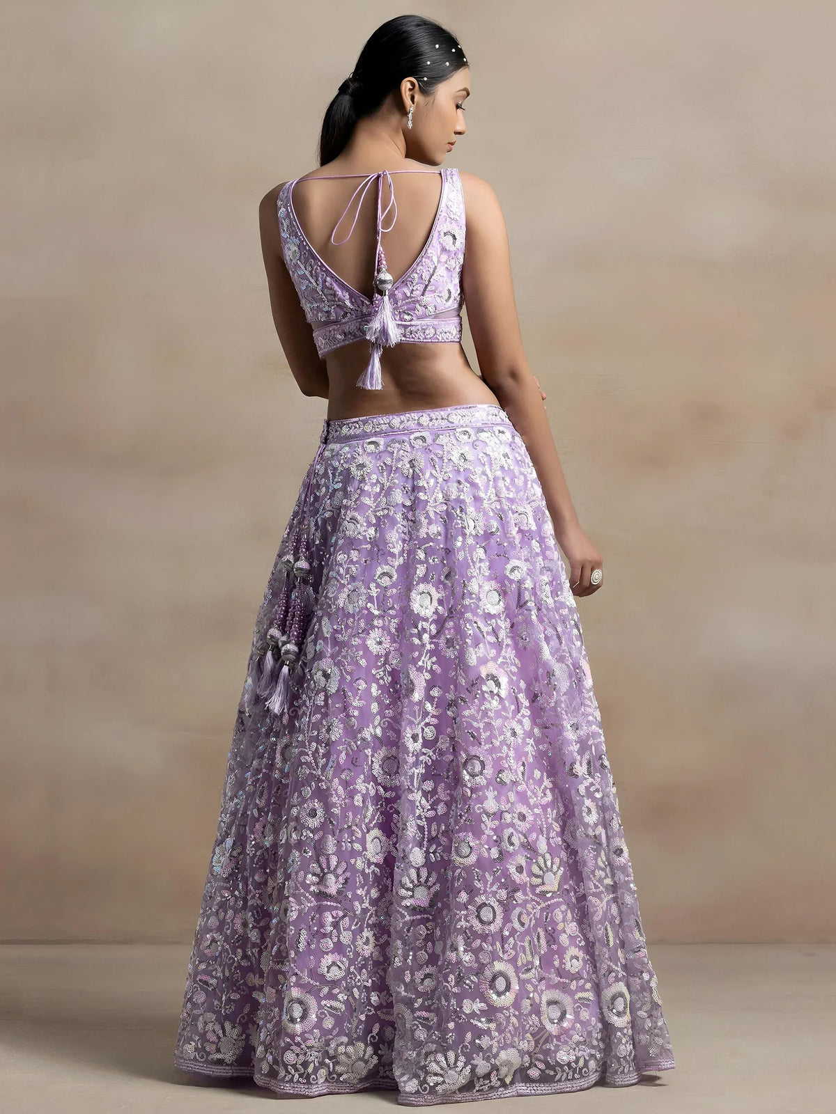 Adorable Lavender Sequins Net Bridesmaid Lehenga Choli With Dupatta