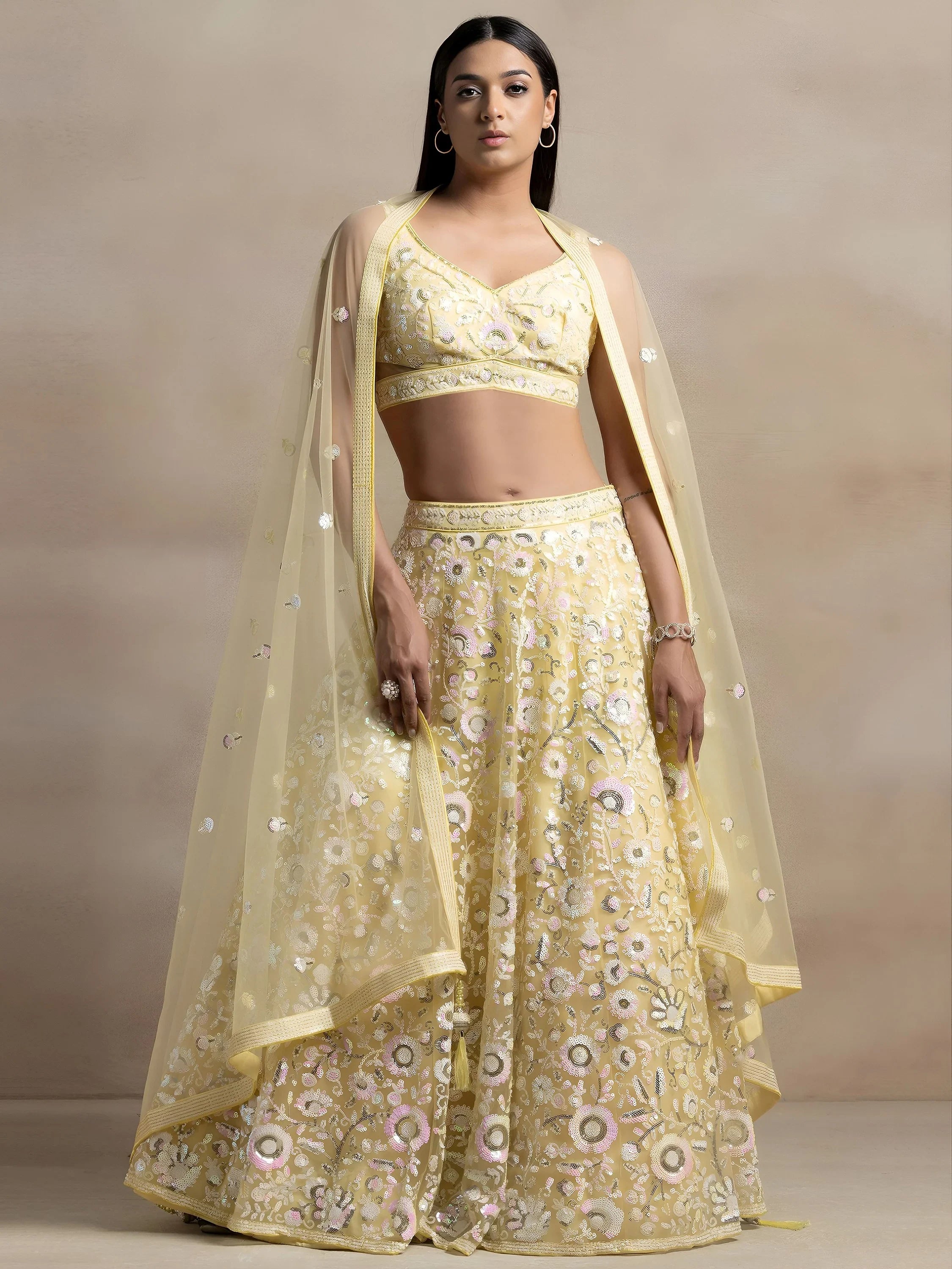 Beautiful Yellow Sequins Net Party Wear Lehenga Choli With Dupatta