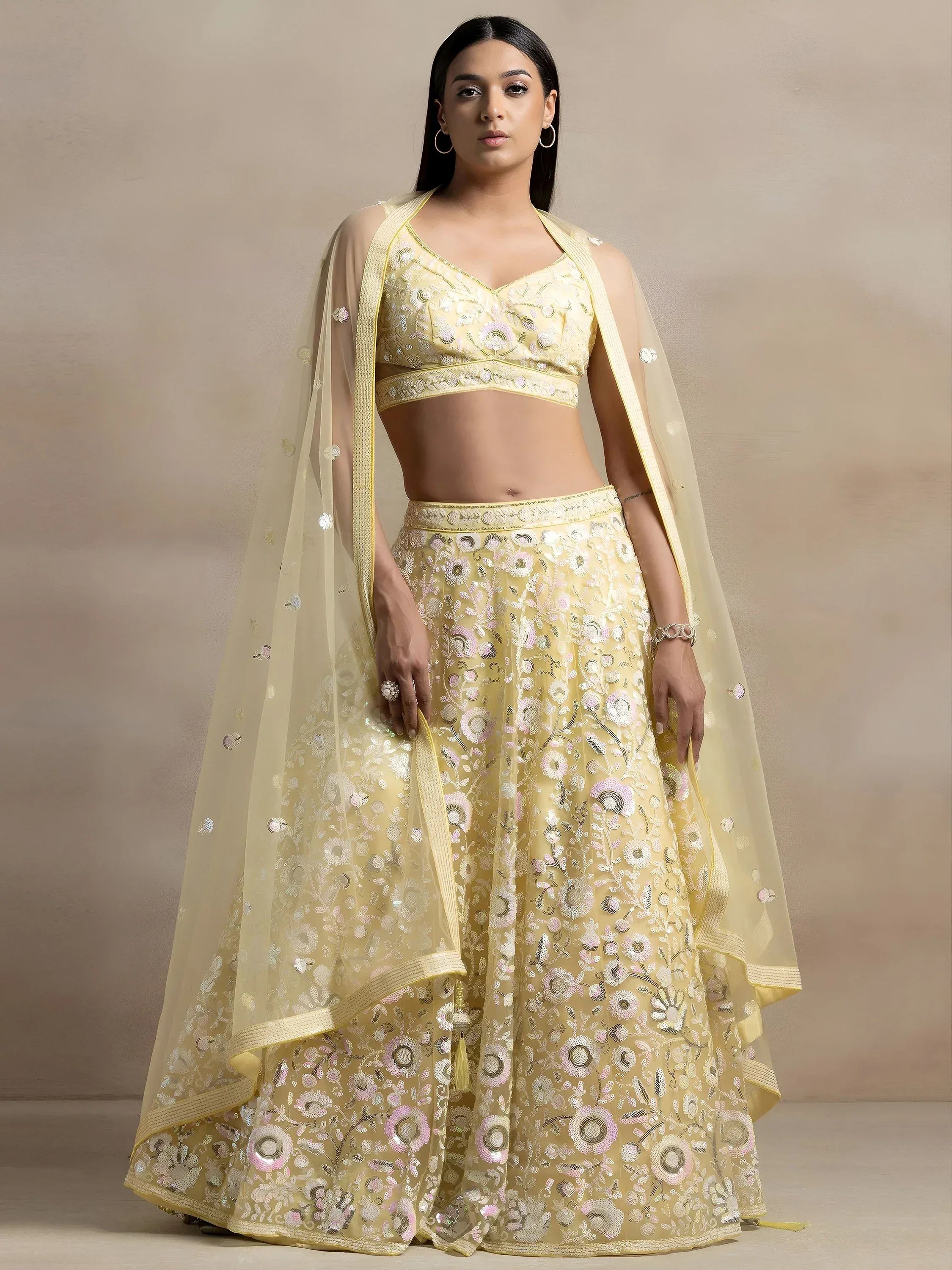 Beautiful Yellow Sequins Net Party Wear Lehenga Choli With Dupatta