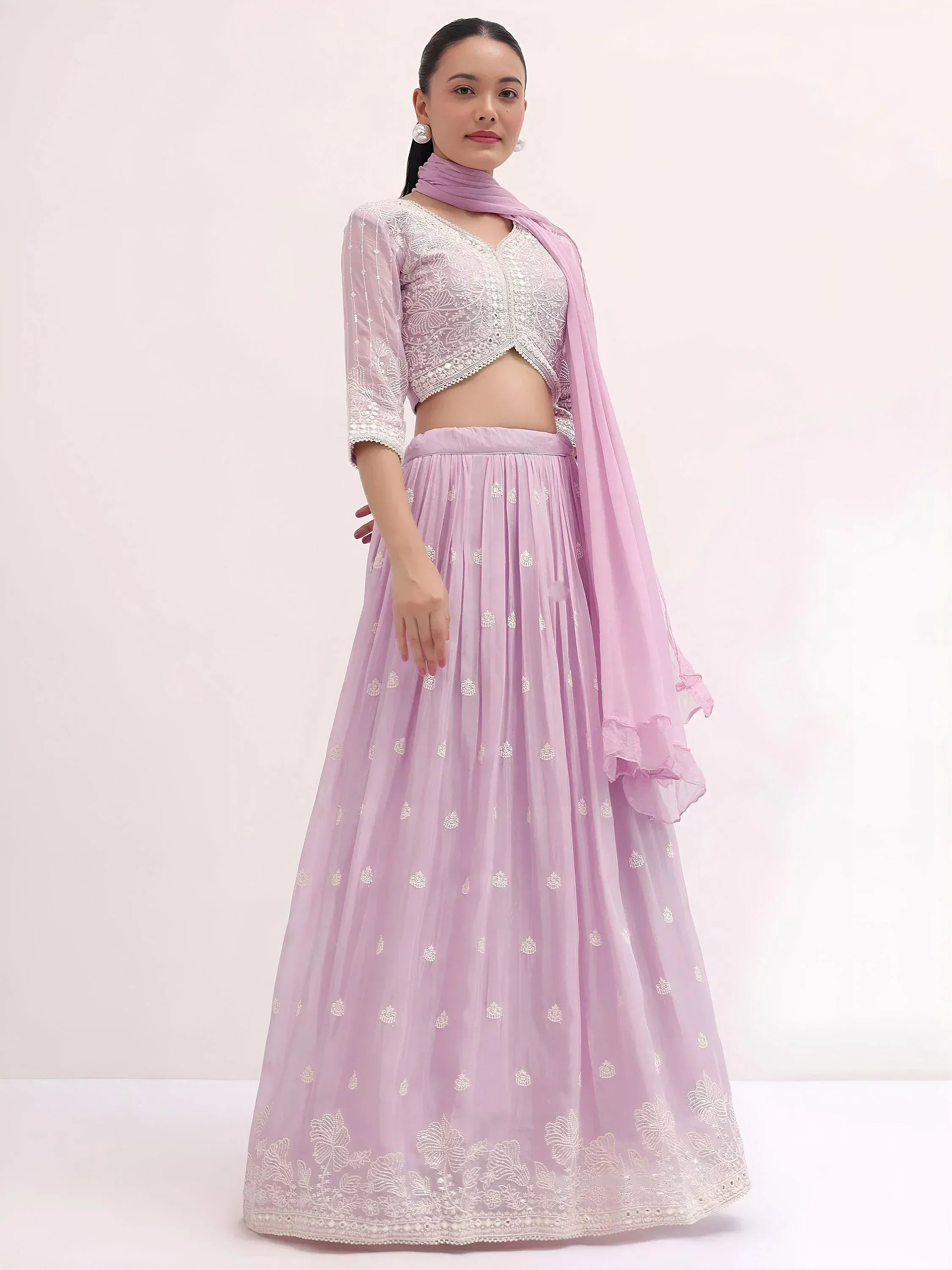 Lavender lehenga choli with white embroidery, perfect for Indian ethnic wear occasions
