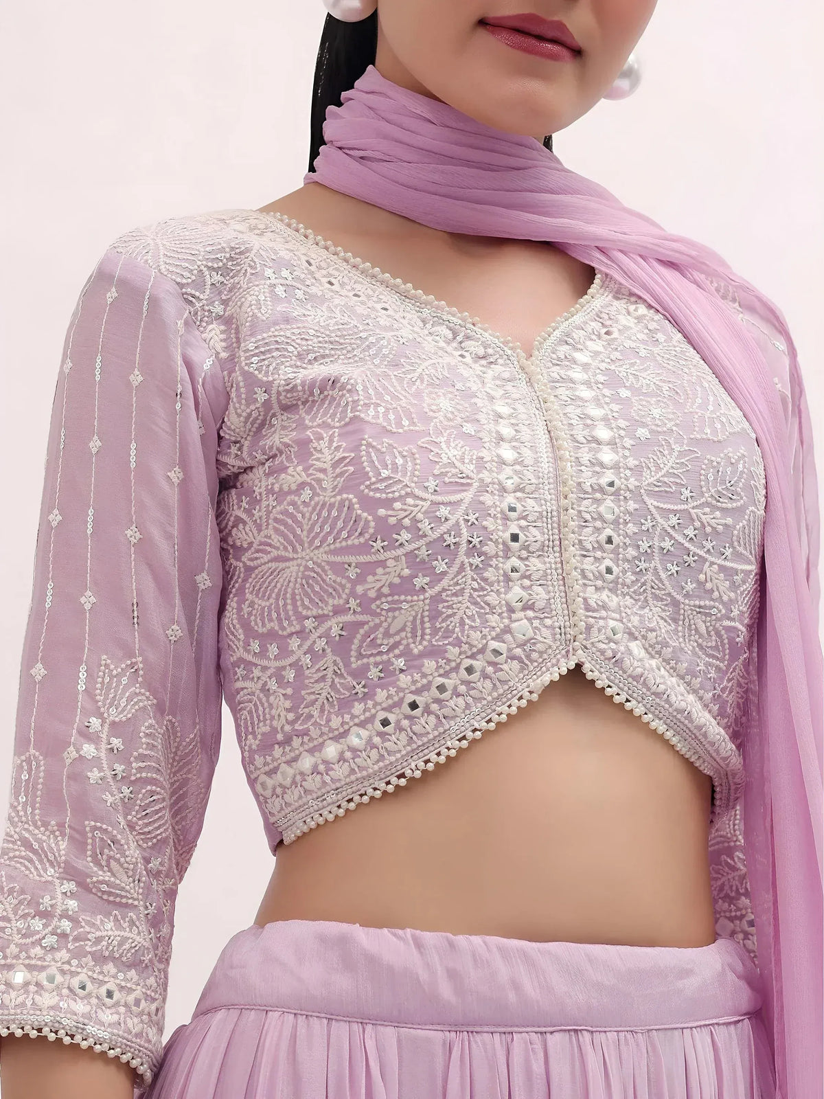 Lavender embroidered crop top with mirror work and matching dupatta, Indian ethnic wear