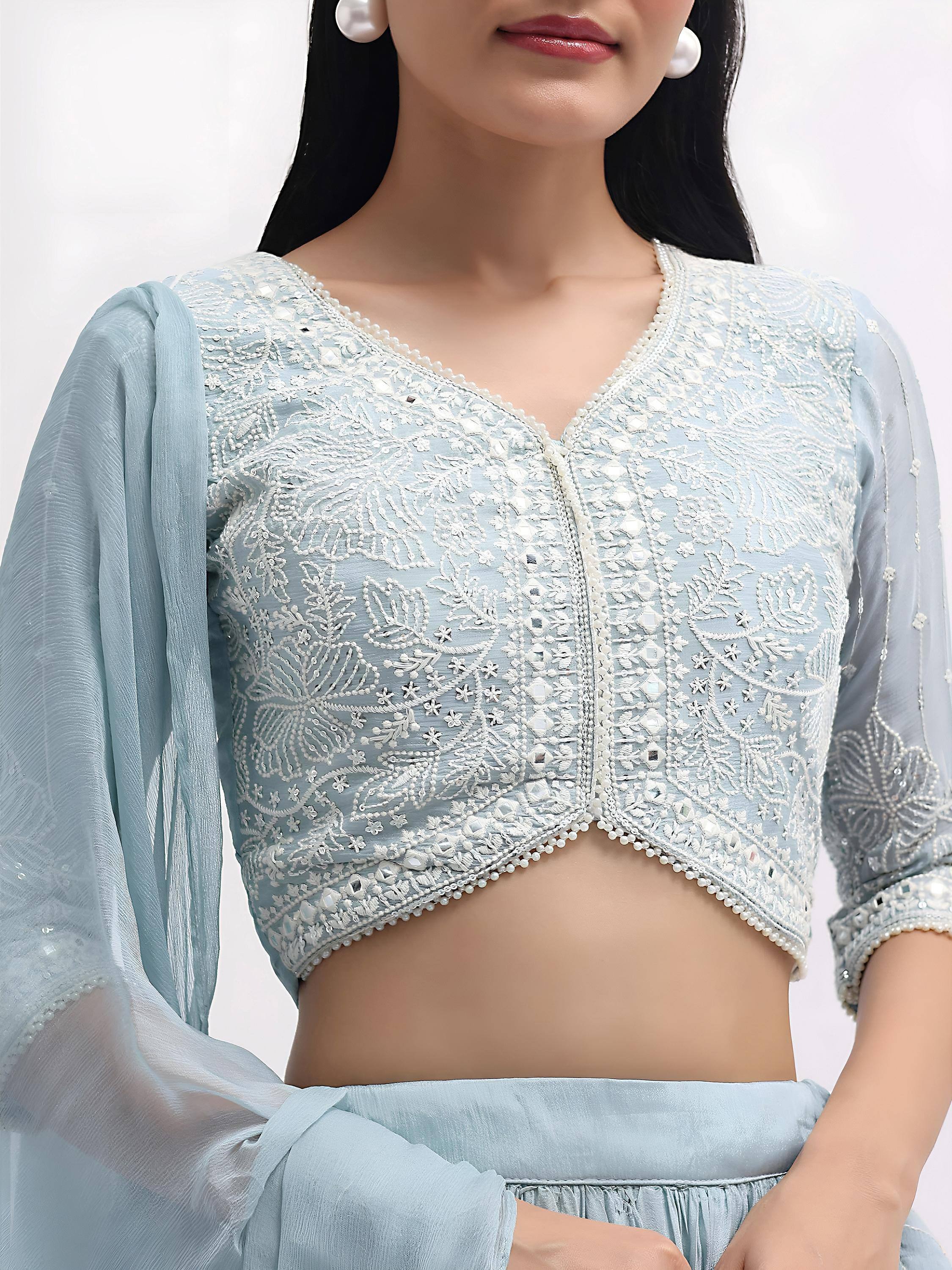 Adorable Blue Thread Embroidered Georgette Party Wear Lehenga Choli
