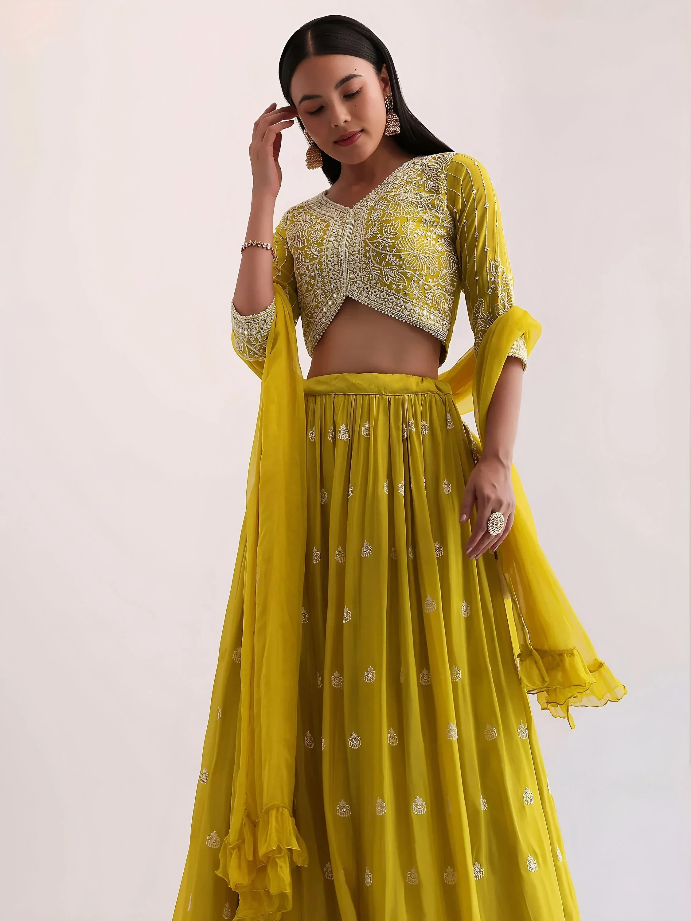 Lovely Yellow Thread Embroidered Georgette Haldi Wear Lehenga Choli