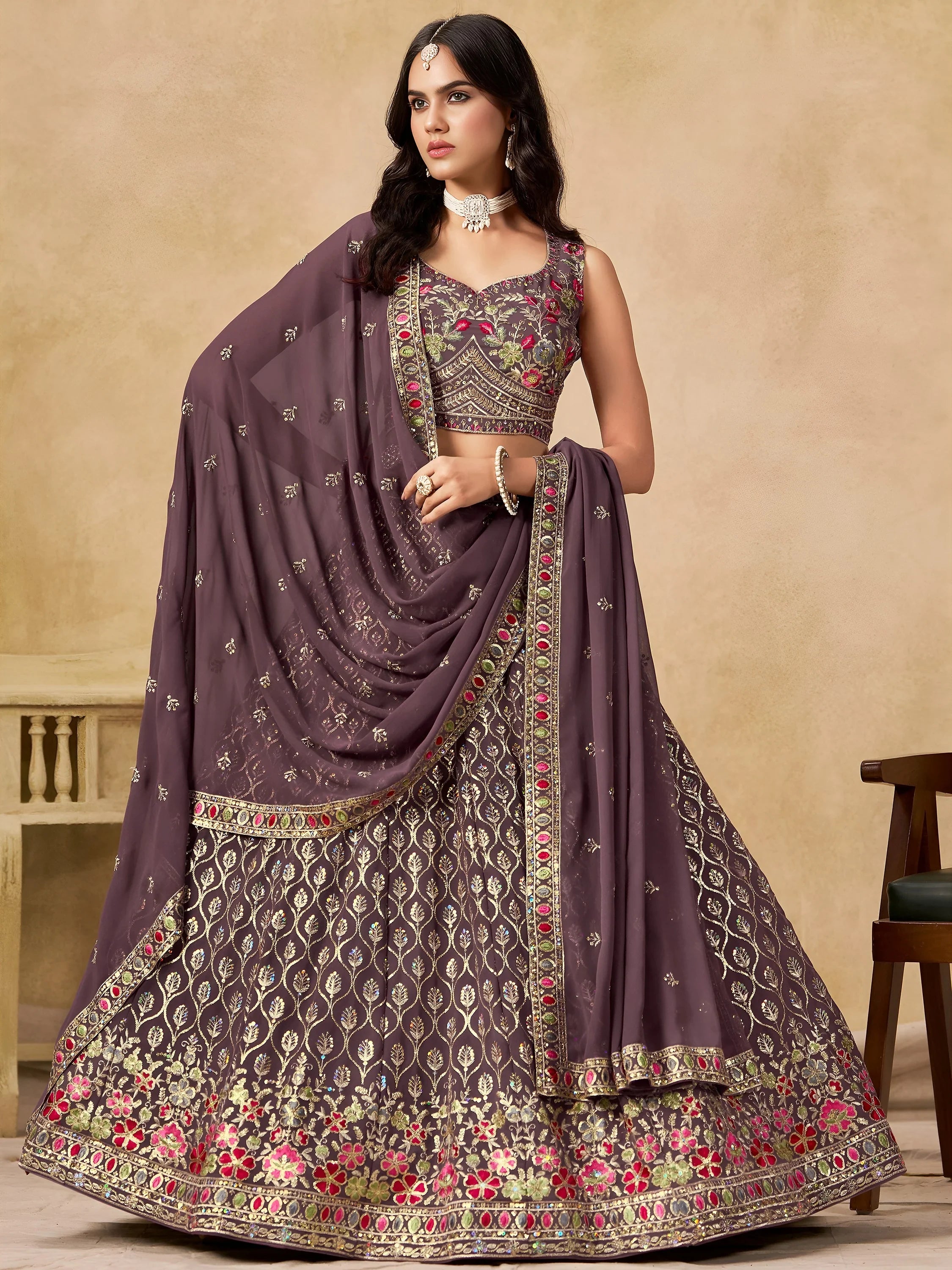 Amazing Purple Zari Embroidered Georgette Wedding Wear Lehenga Choli