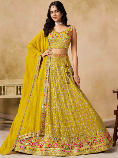 Classic Yellow Zari Embroidered Georgette Haldi Wear Lehenga Choli