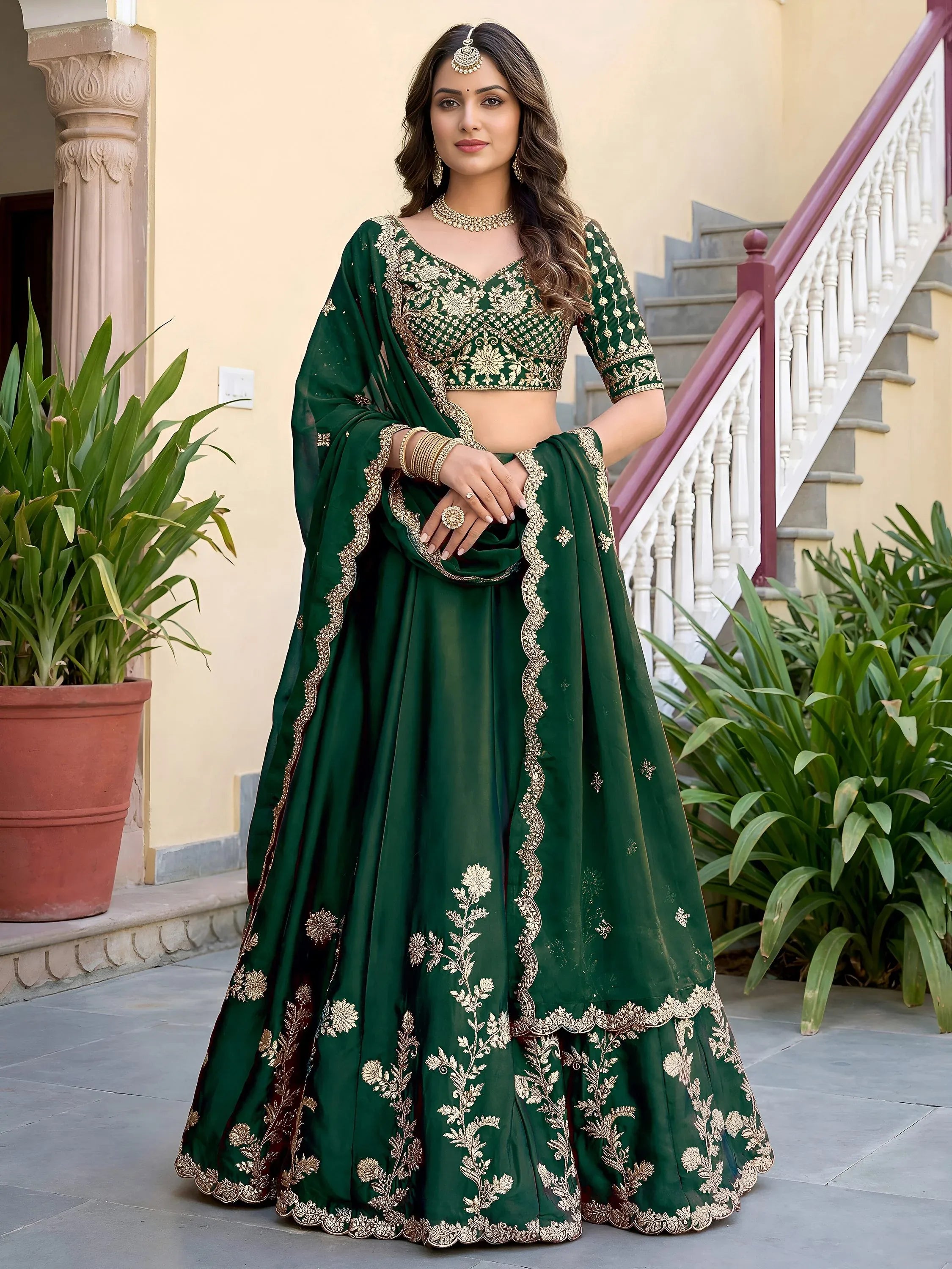 Charming Green Thread Work Silk Mehendi Wear Lehenga Choli With Dupatta