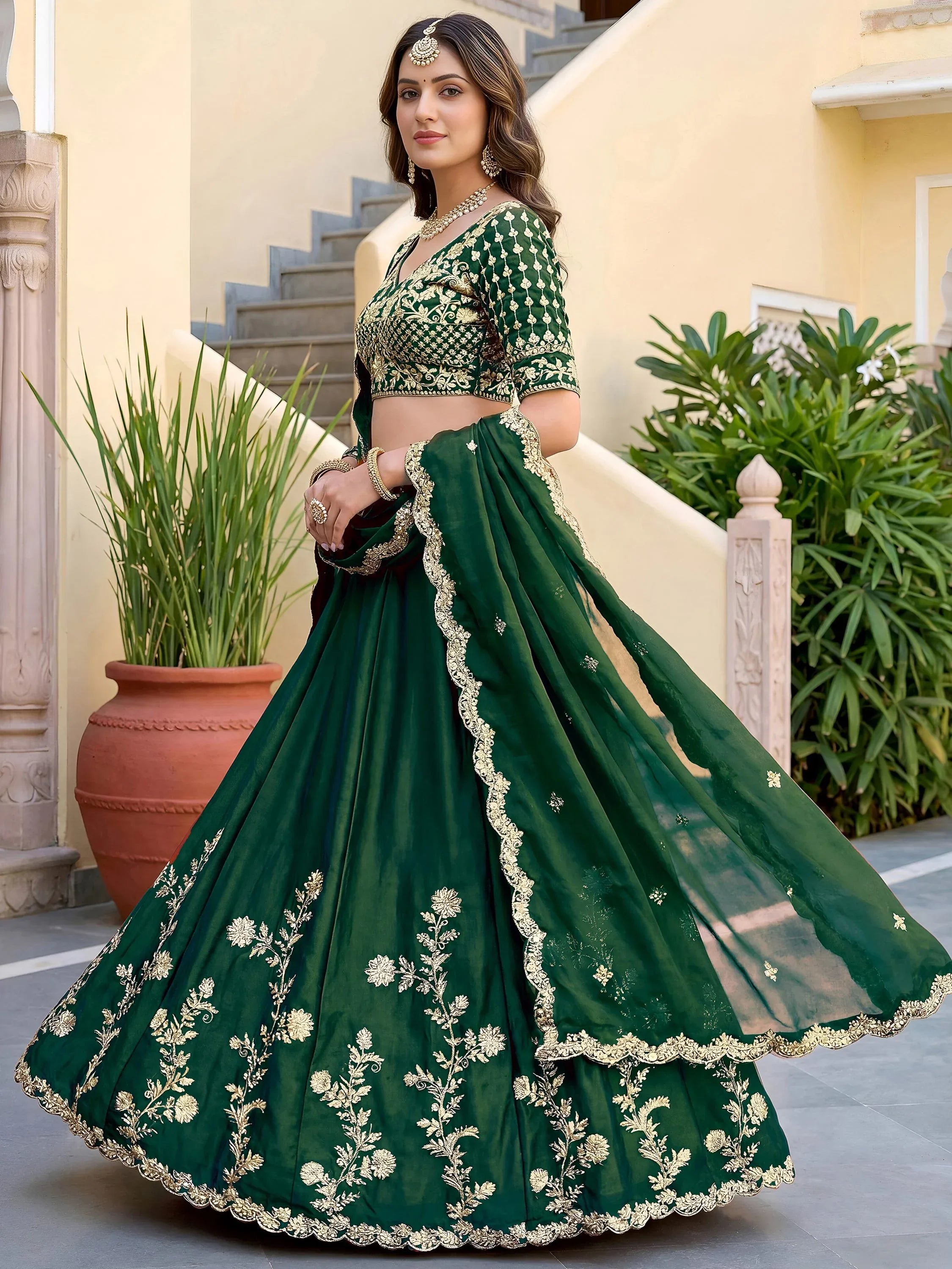Charming Green Thread Work Silk Mehendi Wear Lehenga Choli With Dupatta
