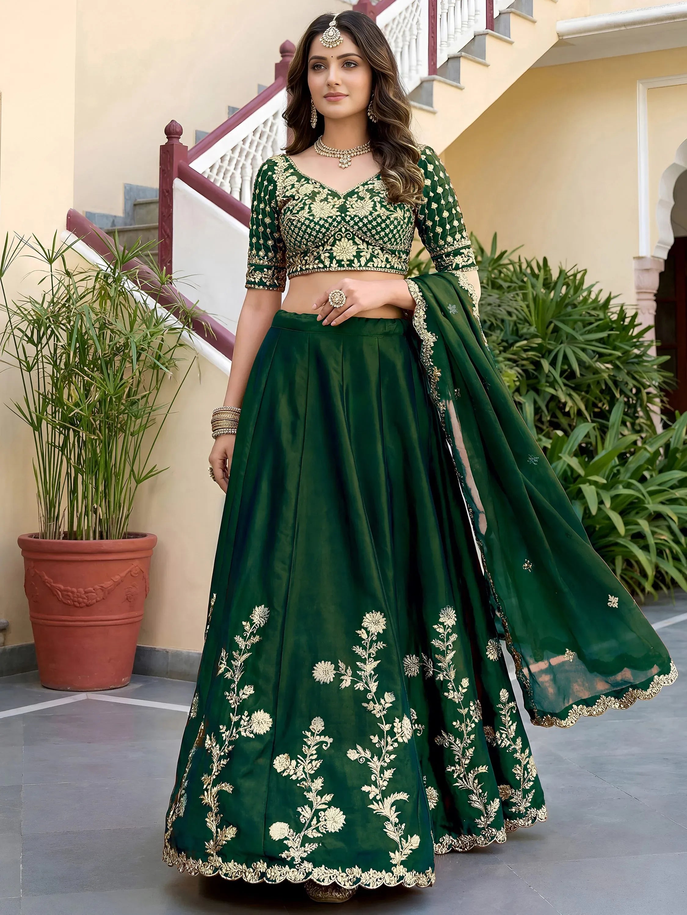 Charming Green Thread Work Silk Mehendi Wear Lehenga Choli With Dupatta