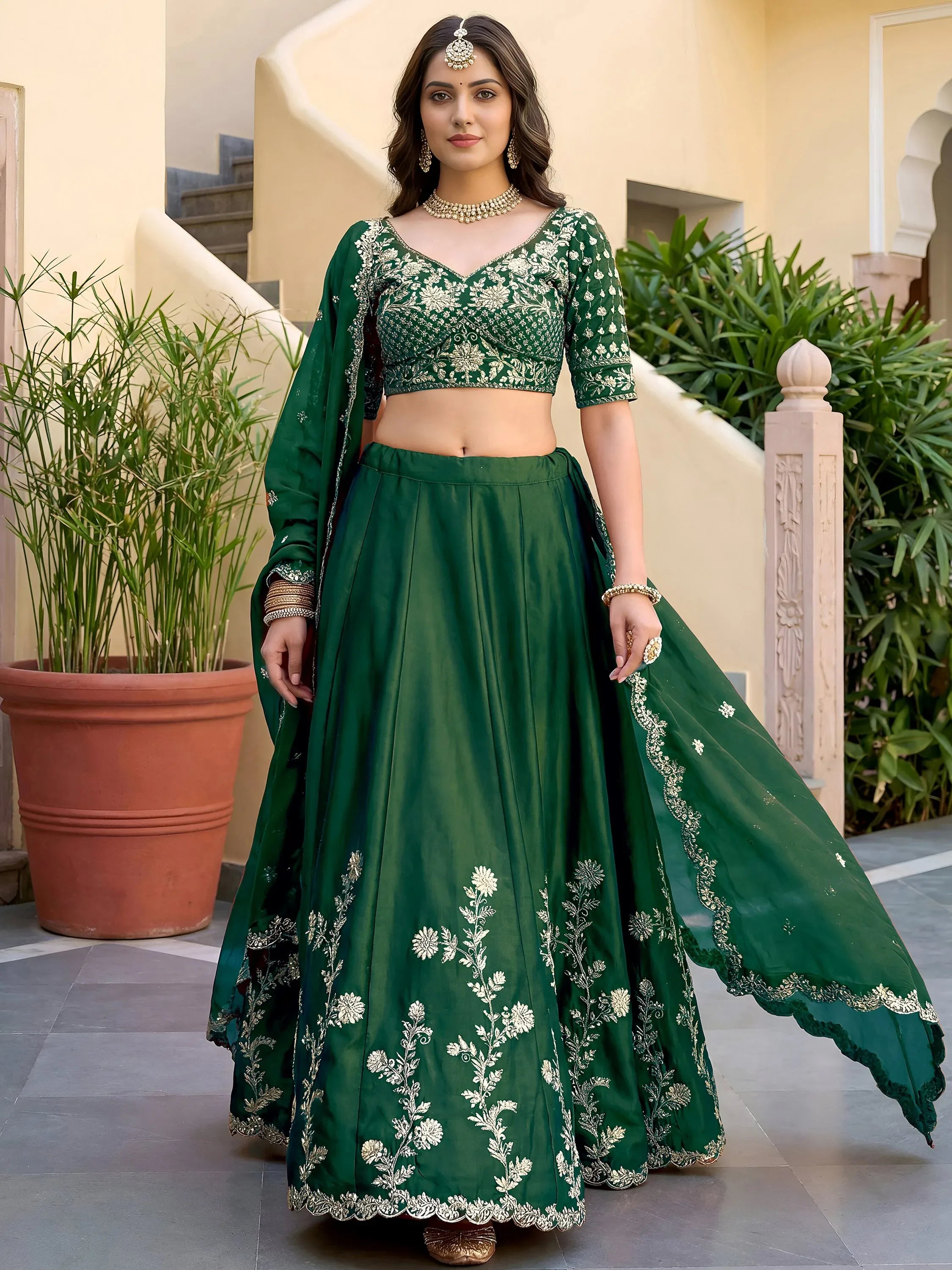 Charming Green Thread Work Silk Mehendi Wear Lehenga Choli With Dupatta