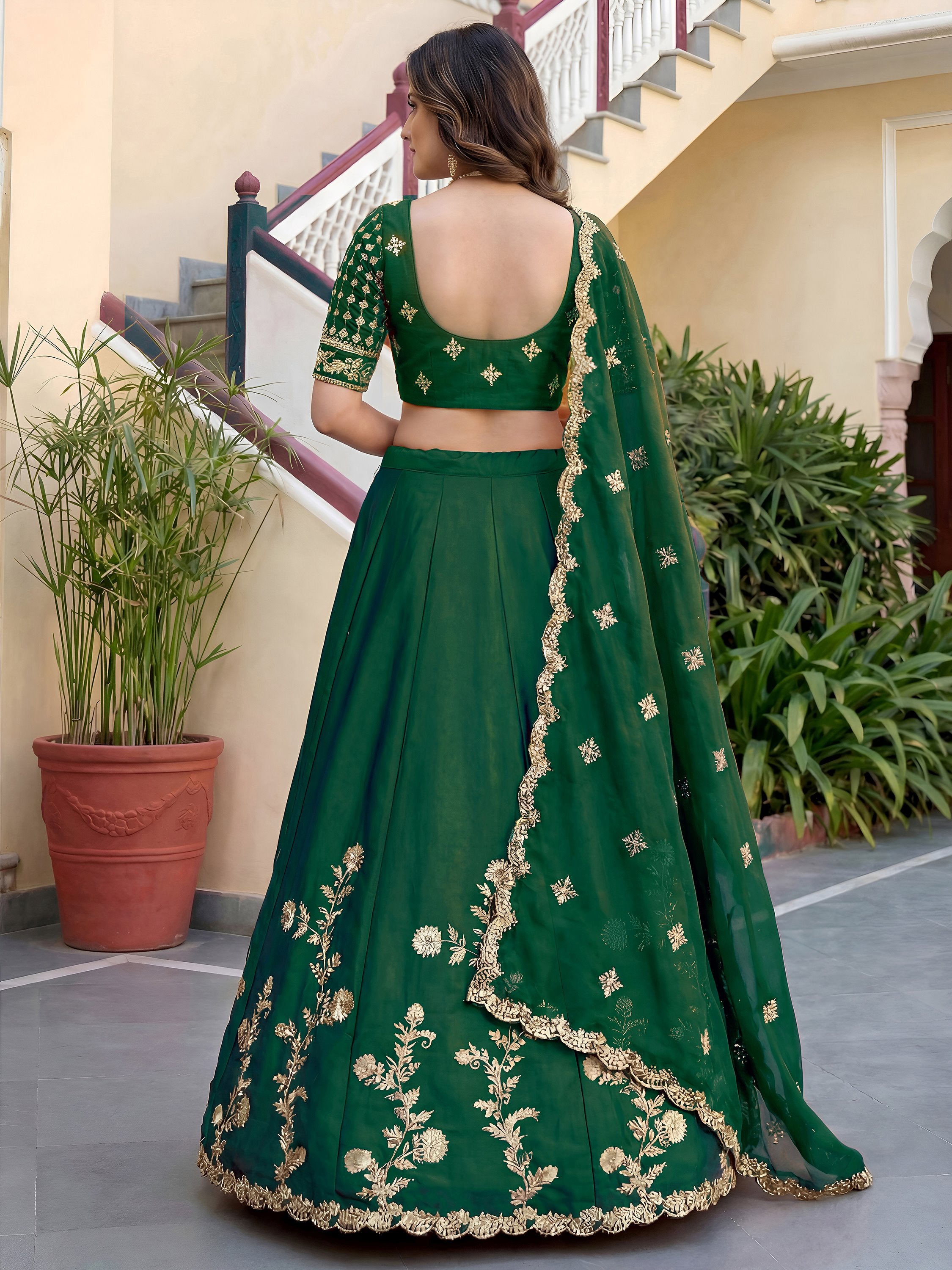 Charming Green Thread Work Silk Mehendi Wear Lehenga Choli With Dupatta