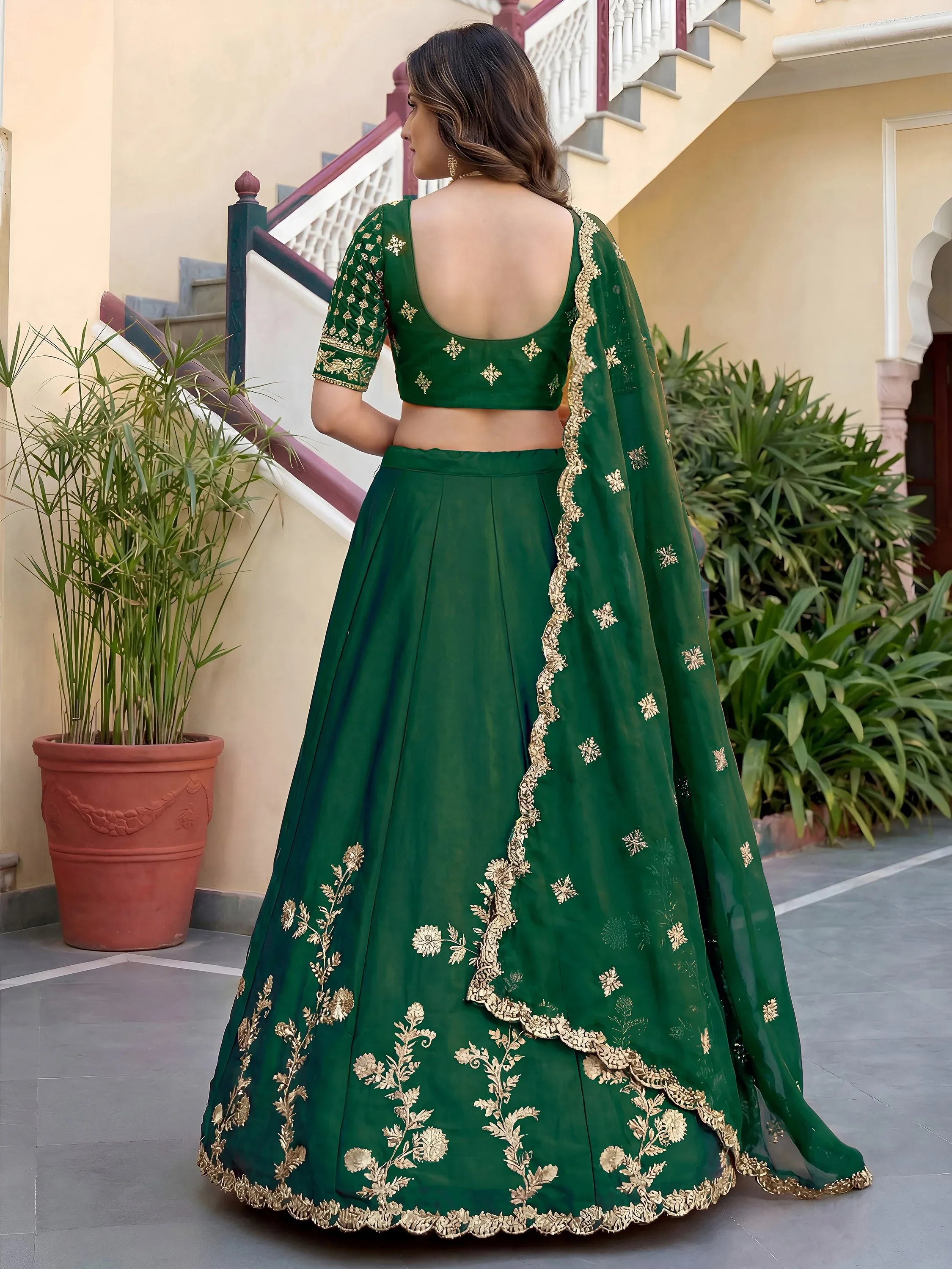 Charming Green Thread Work Silk Mehendi Wear Lehenga Choli With Dupatta