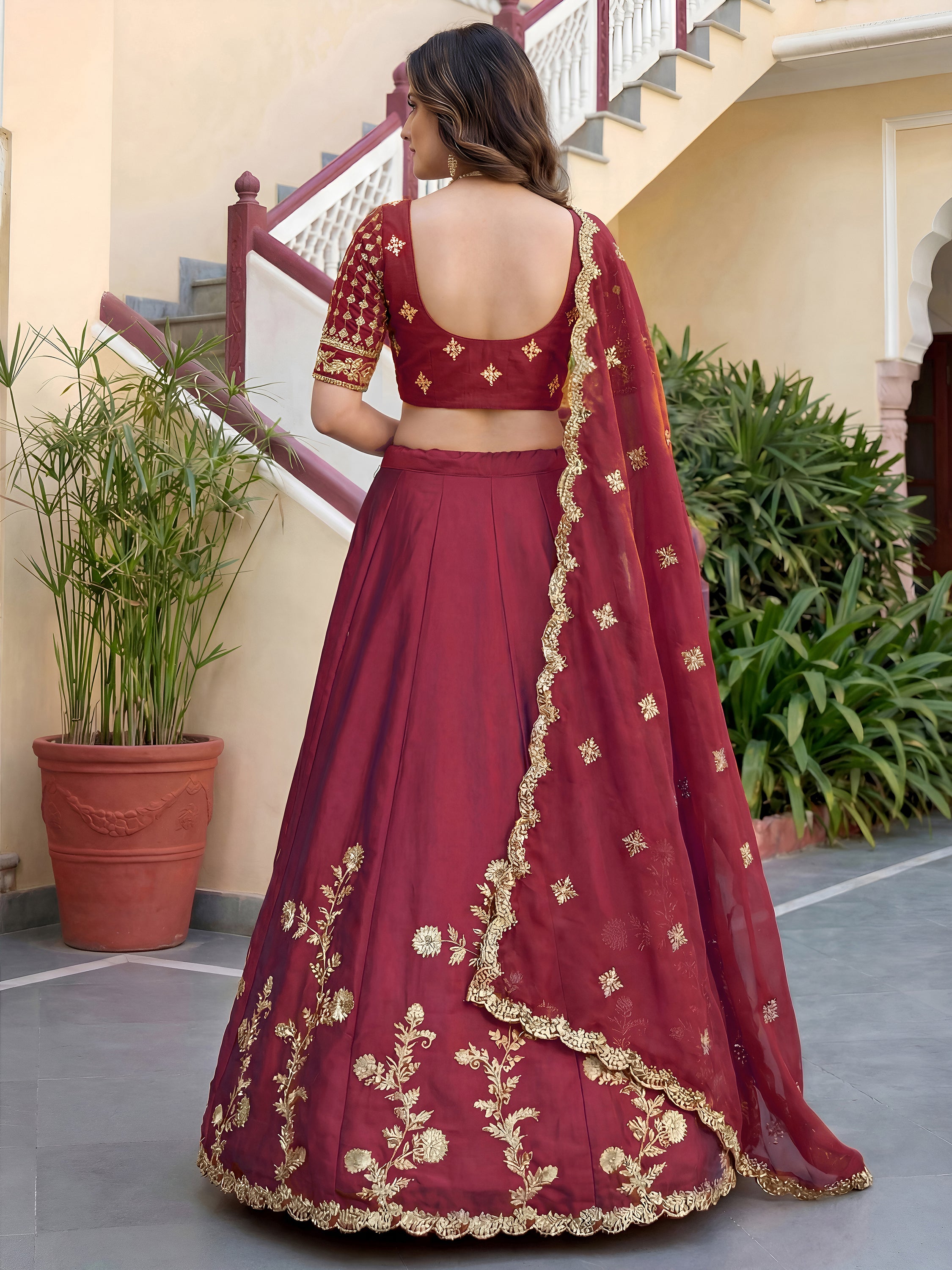 Alluring Maroon Embroidered Silk Engagement Wear Lehenga Choli With Dupatta