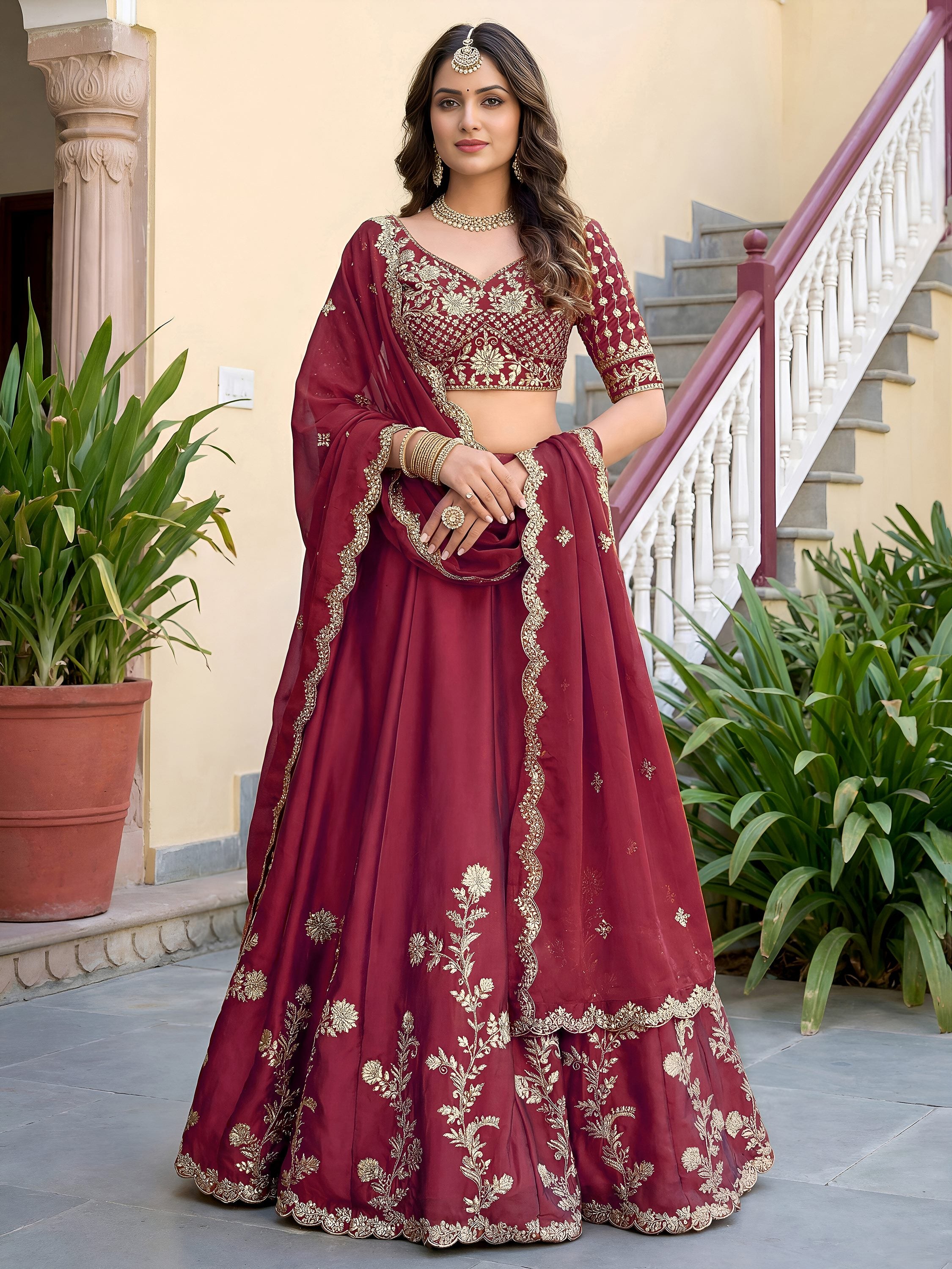 Alluring Maroon Embroidered Silk Engagement Wear Lehenga Choli With Dupatta