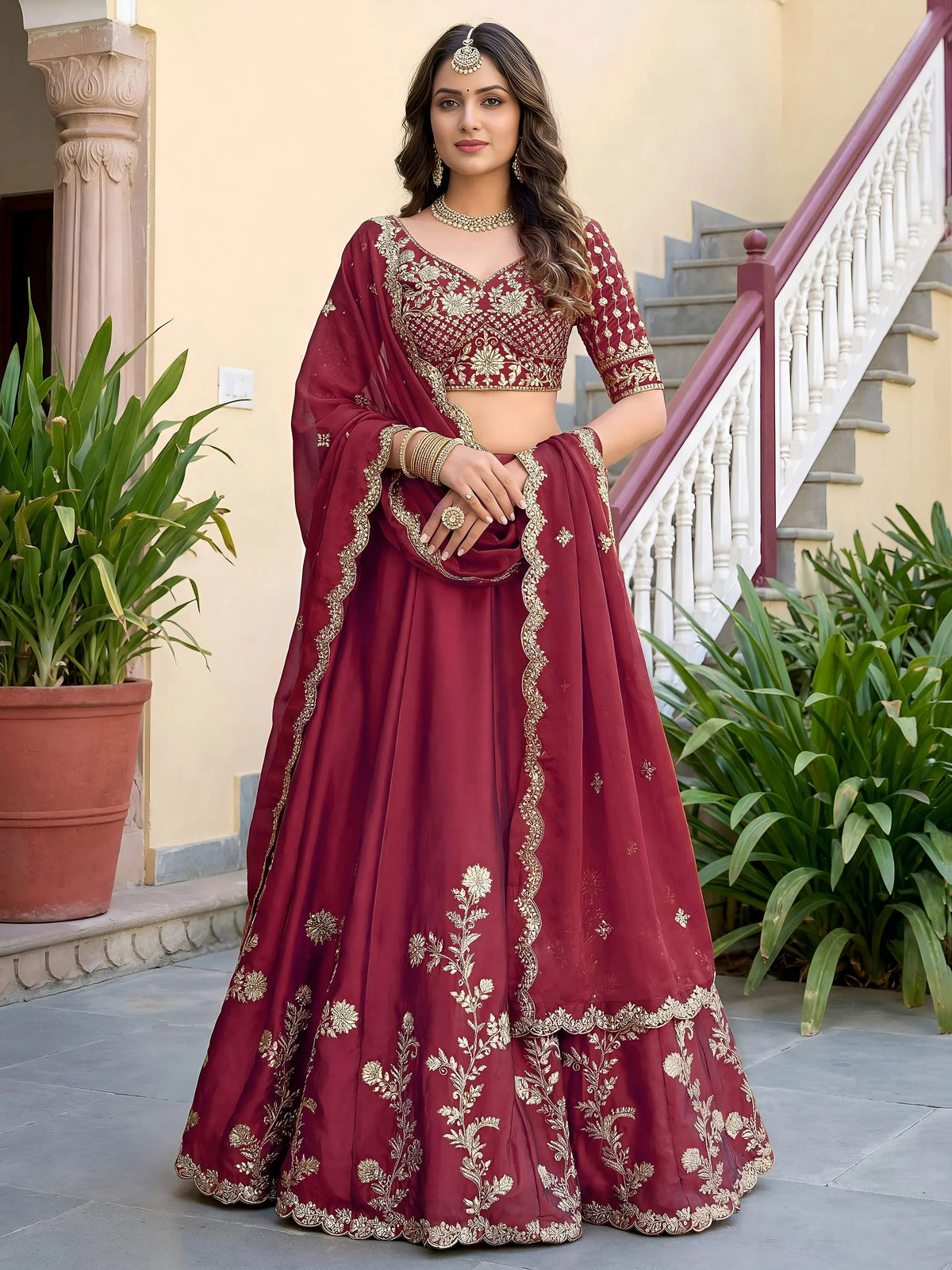 Alluring Maroon Embroidered Silk Engagement Wear Lehenga Choli With Dupatta