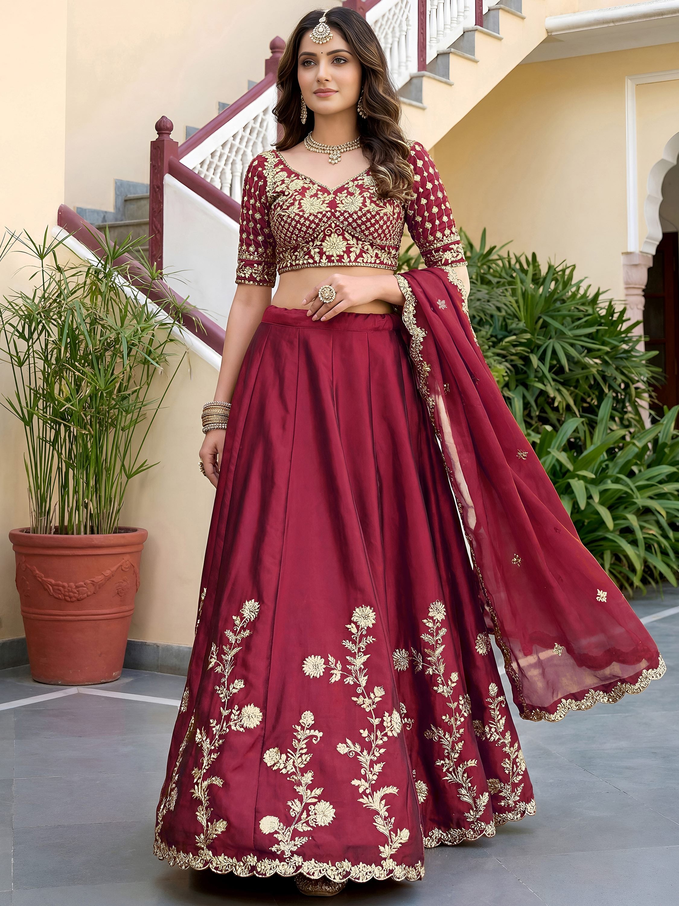 Alluring Maroon Embroidered Silk Engagement Wear Lehenga Choli With Dupatta