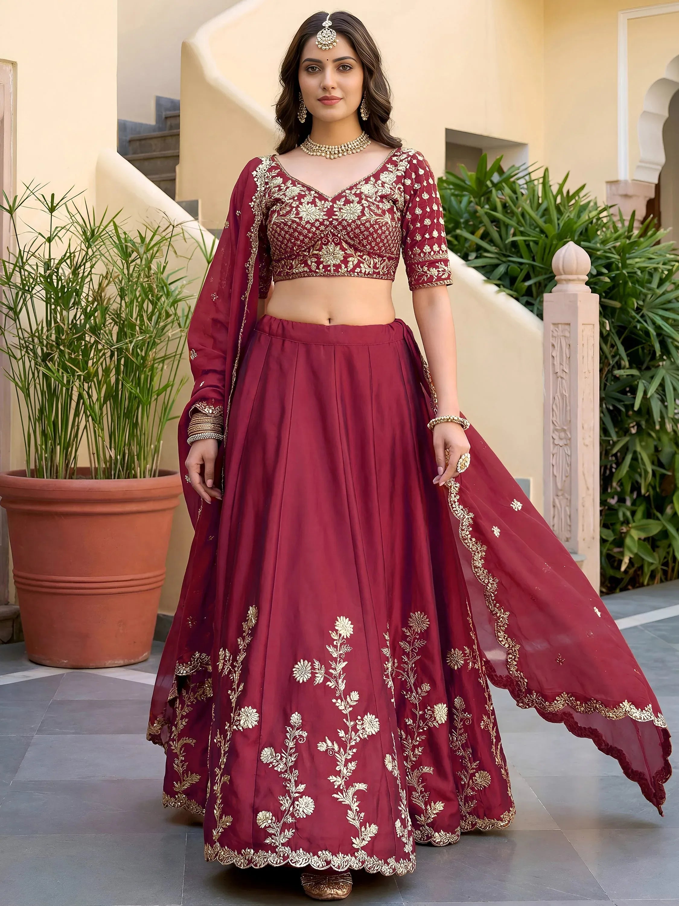 Alluring Maroon Embroidered Silk Engagement Wear Lehenga Choli With Dupatta