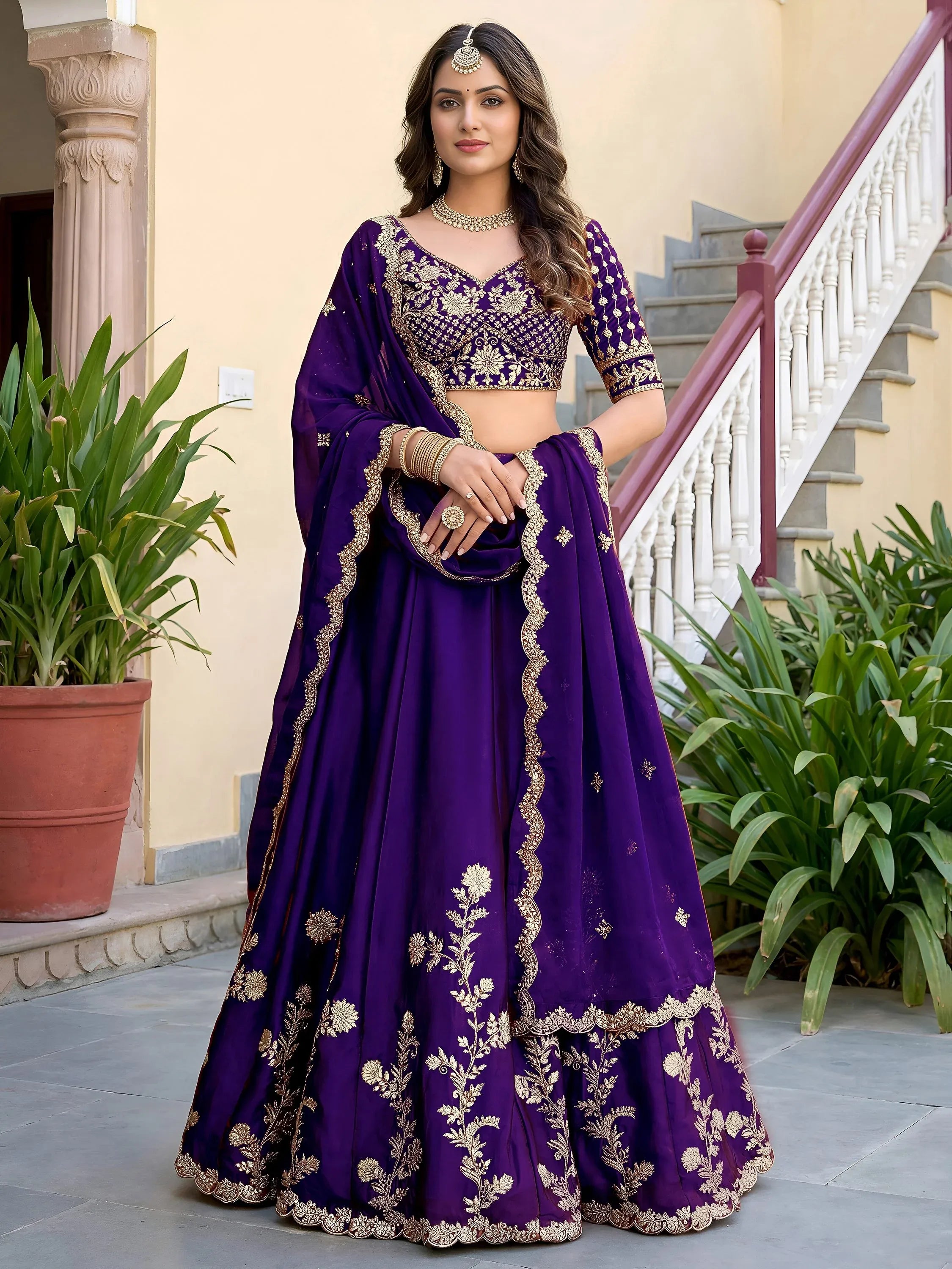 Fantastic Purple Thread Work Silk Reception Wear Lehenga Choli