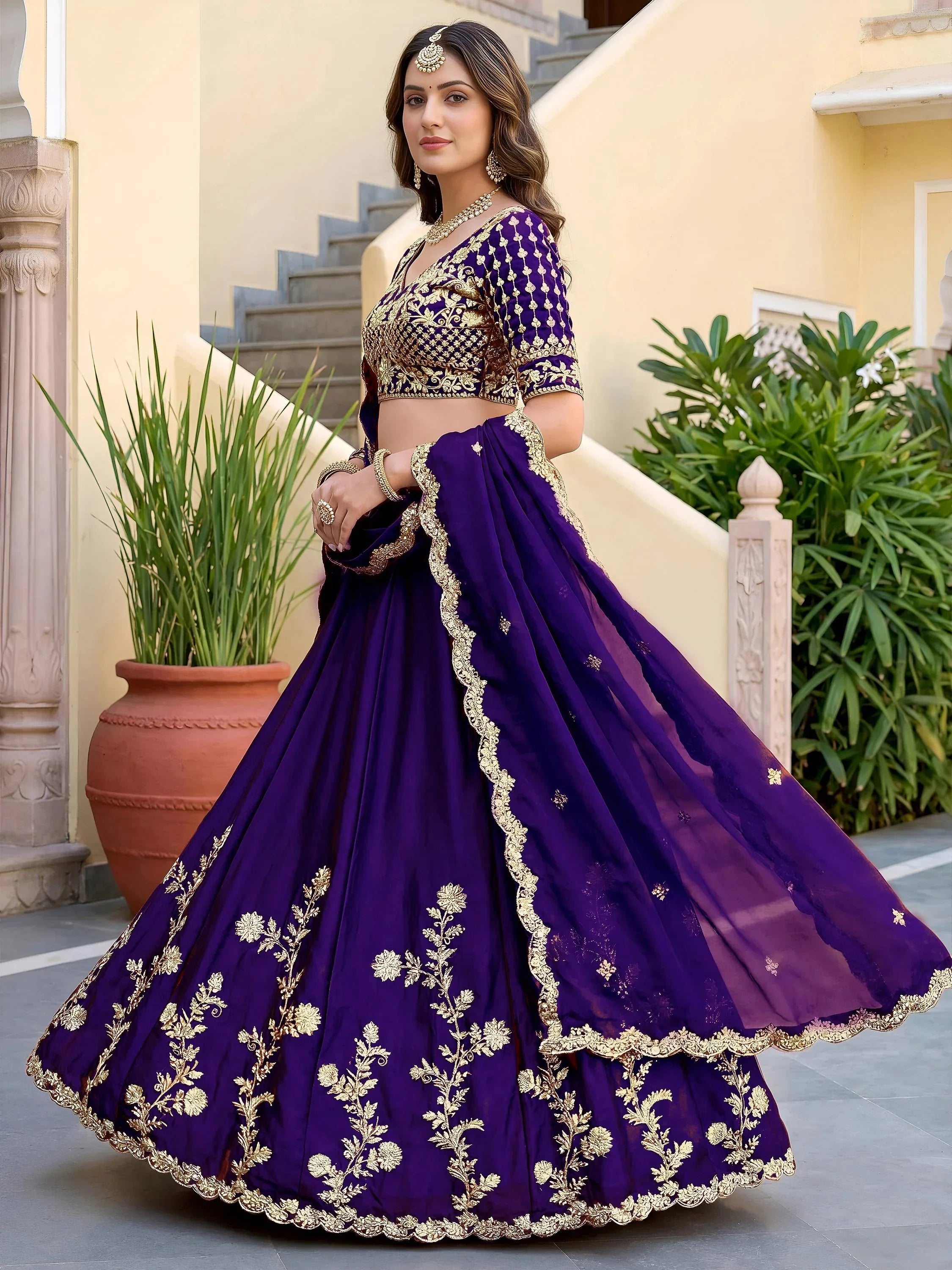 Fantastic Purple Thread Work Silk Reception Wear Lehenga Choli