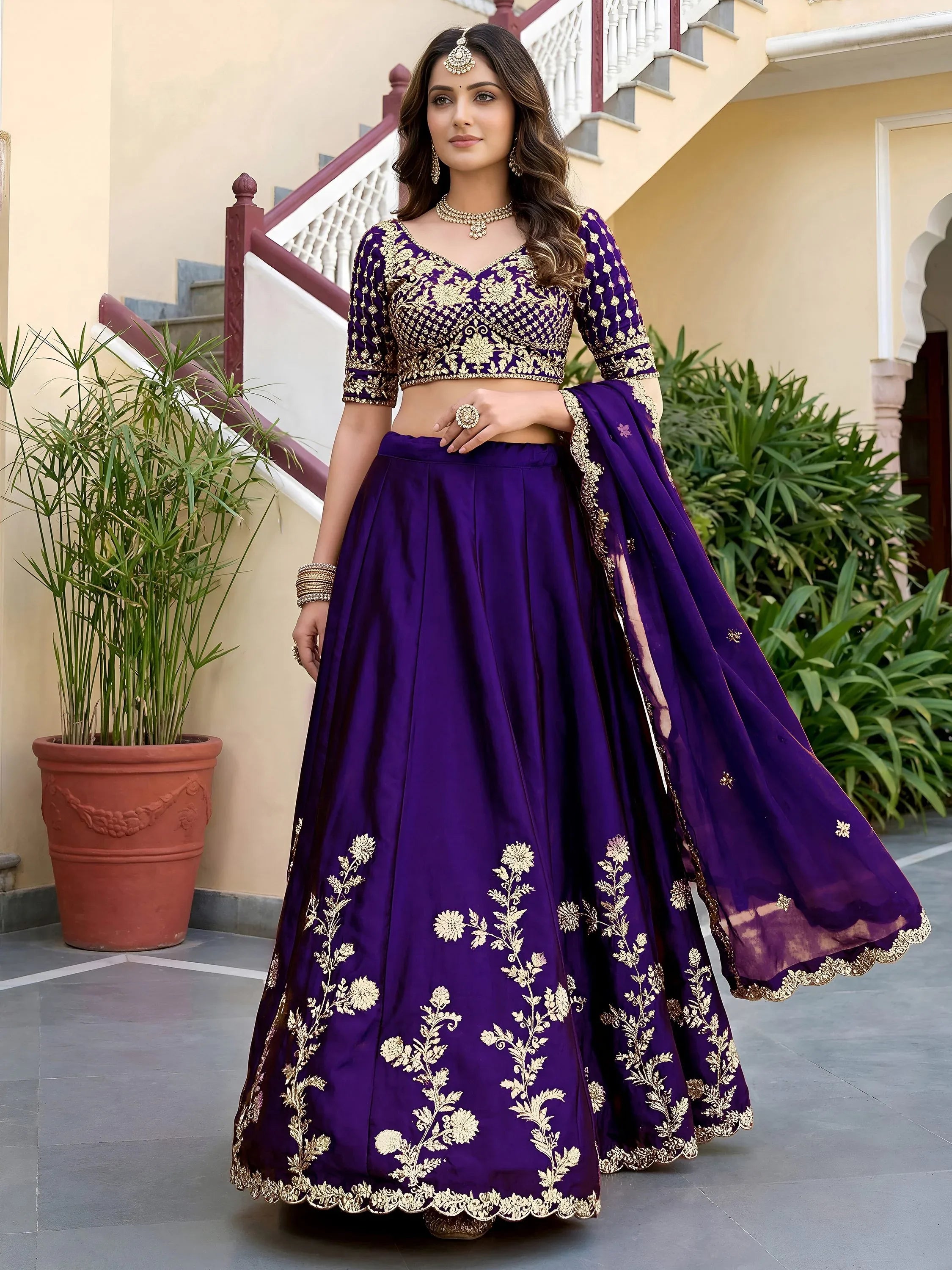 Fantastic Purple Thread Work Silk Reception Wear Lehenga Choli