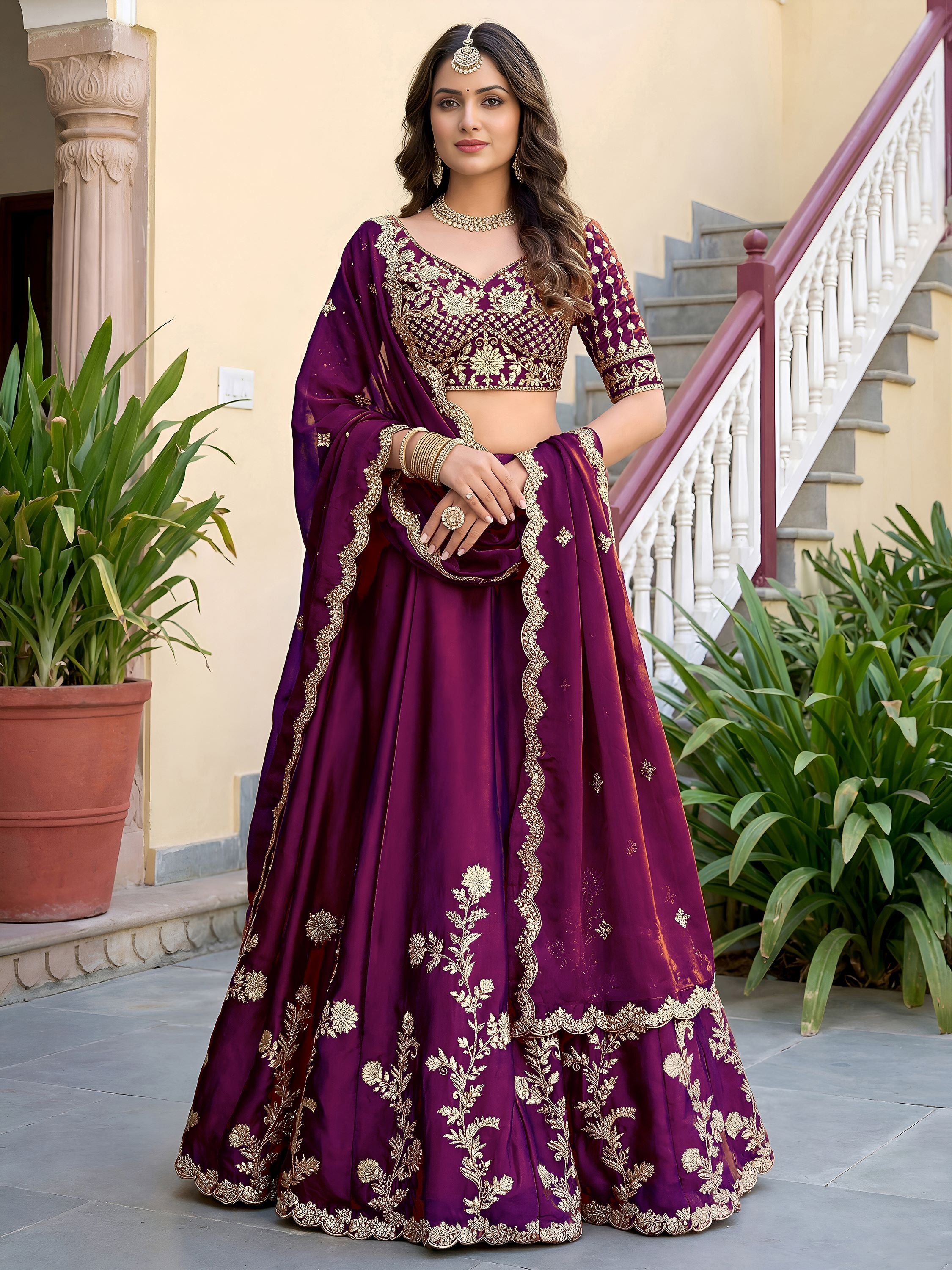 Elegant Wine Sequins Silk Traditional Lehenga Choli With Dupatta