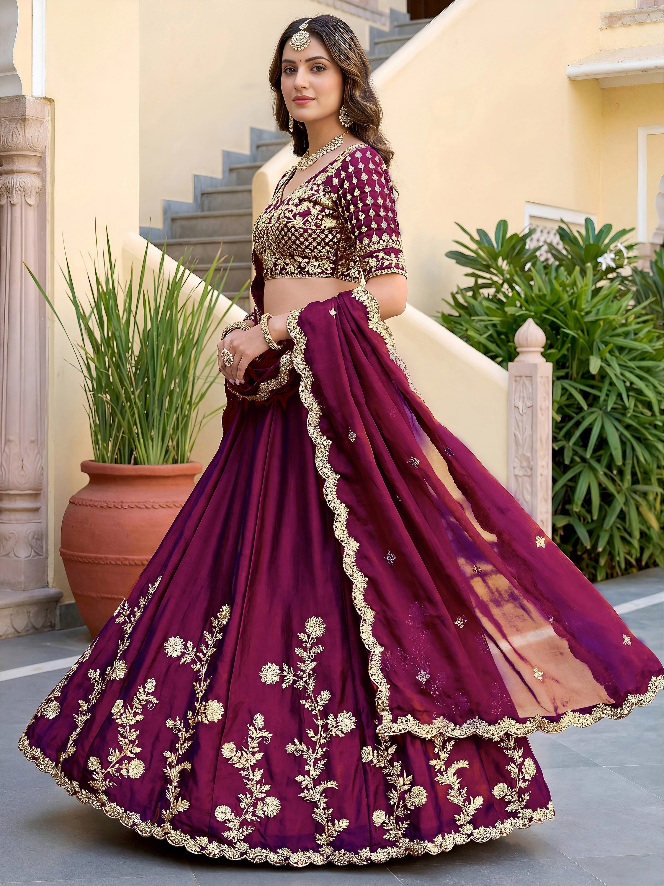 Elegant Wine Sequins Silk Traditional Lehenga Choli With Dupatta