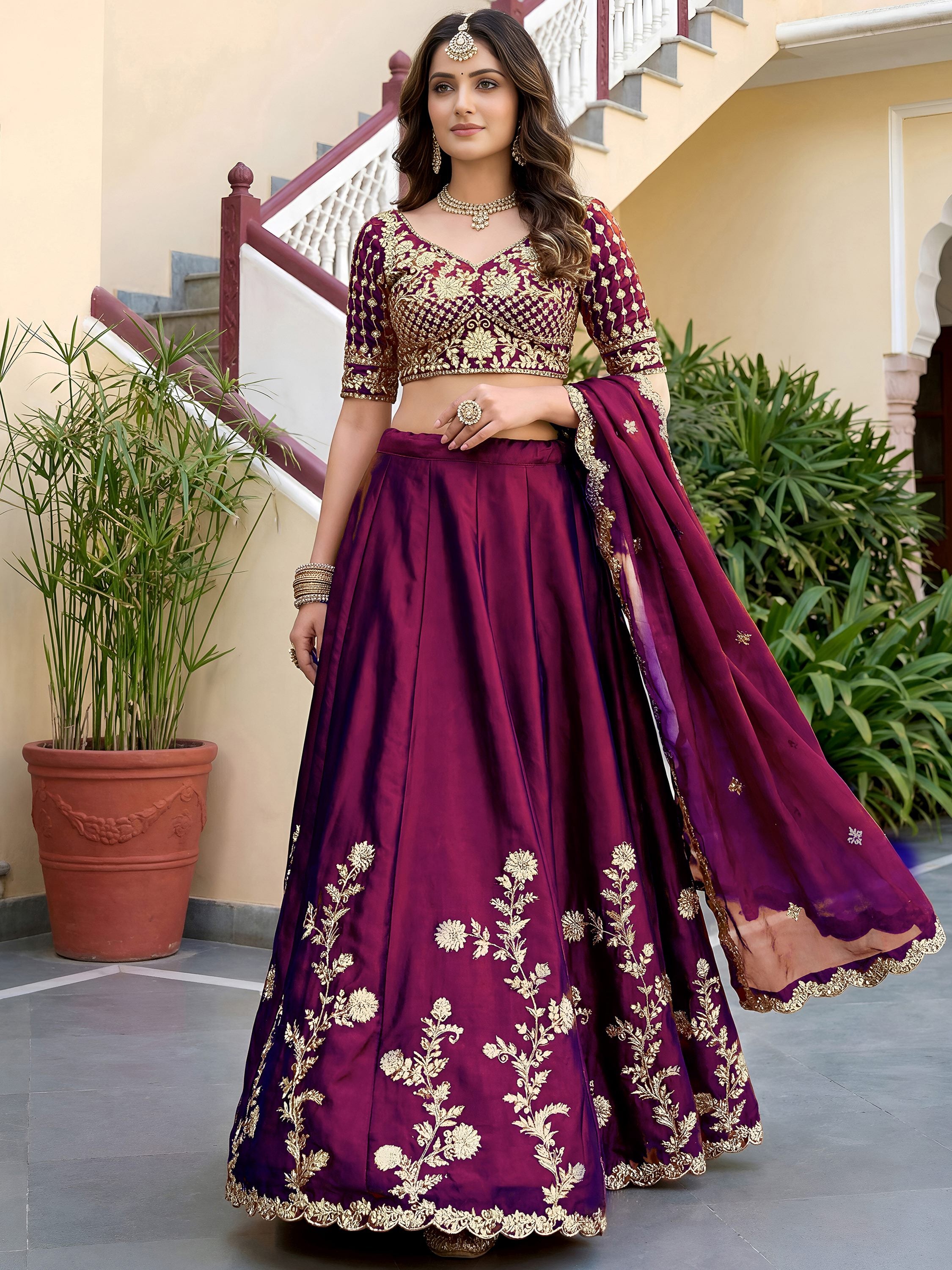 Elegant Wine Sequins Silk Traditional Lehenga Choli With Dupatta