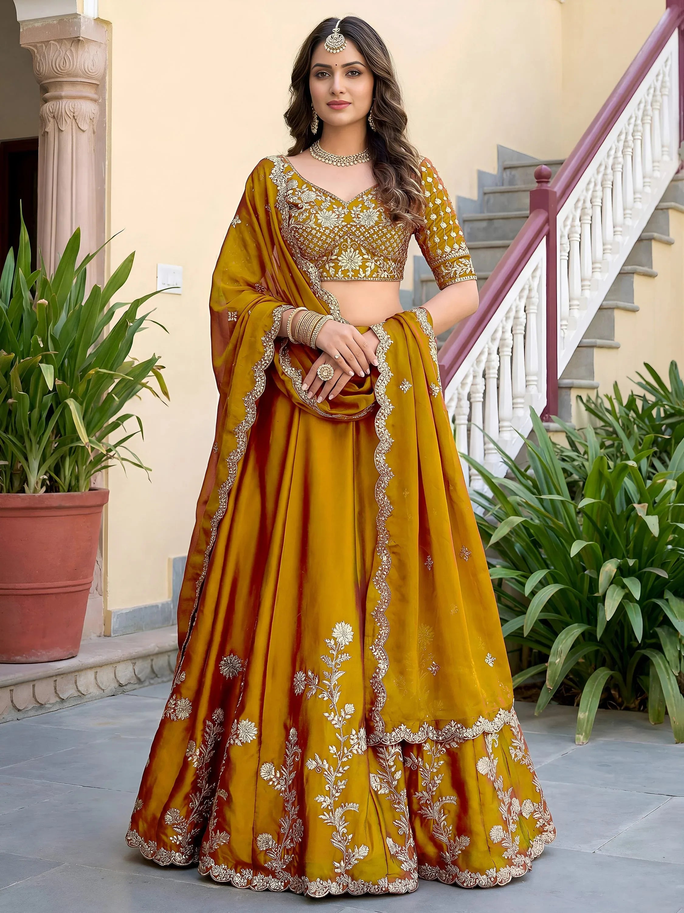 Regal Mustard Yellow Sequins Silk Haldi Wear Lehenga Choli With Dupatta