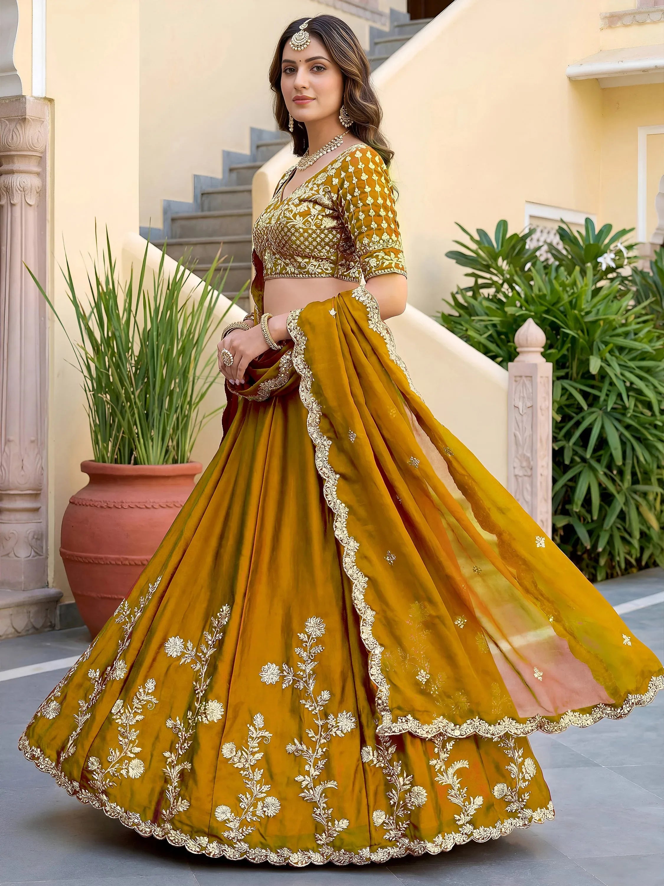 Regal Mustard Yellow Sequins Silk Haldi Wear Lehenga Choli With Dupatta