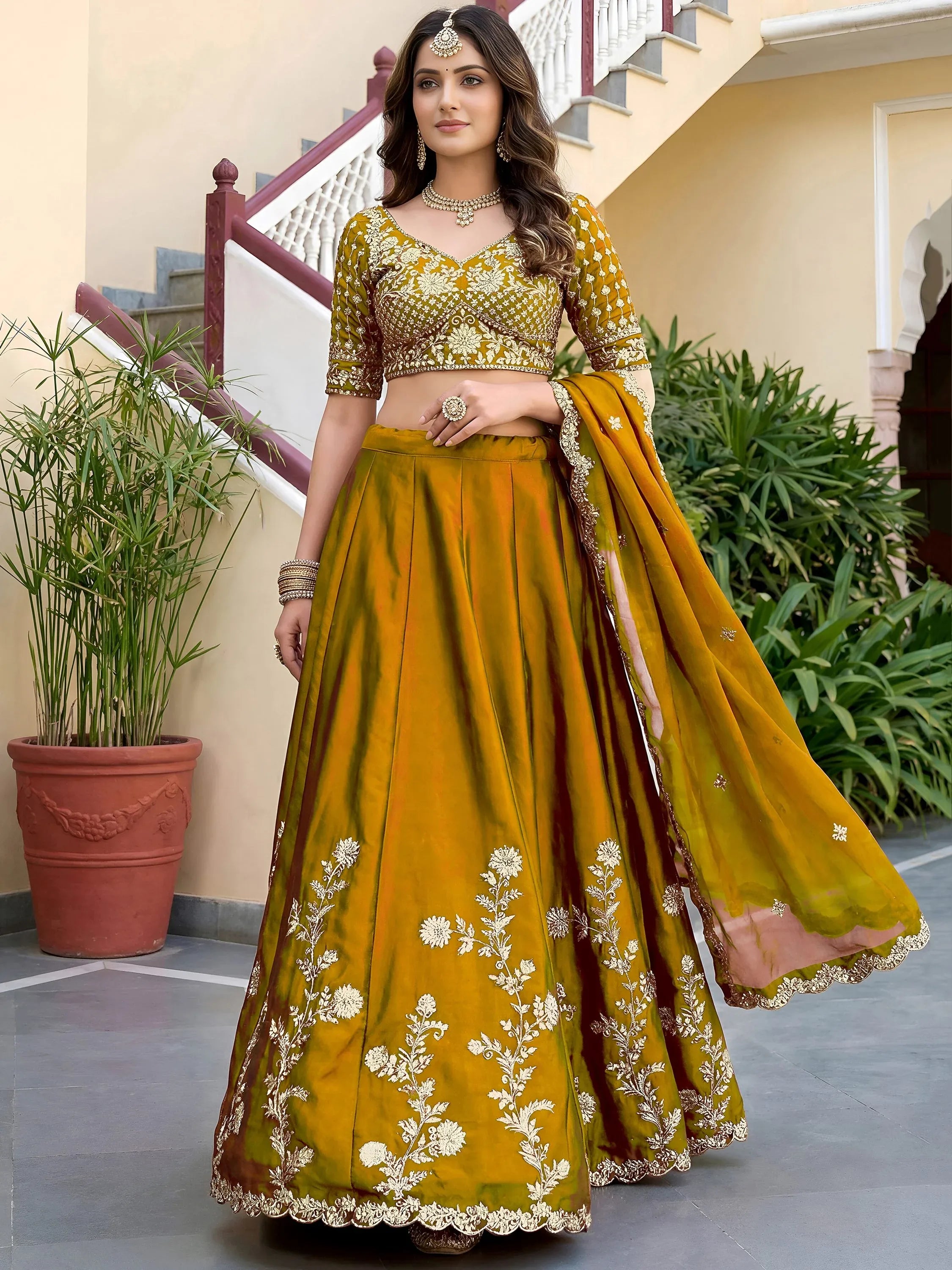 Regal Mustard Yellow Sequins Silk Haldi Wear Lehenga Choli With Dupatta
