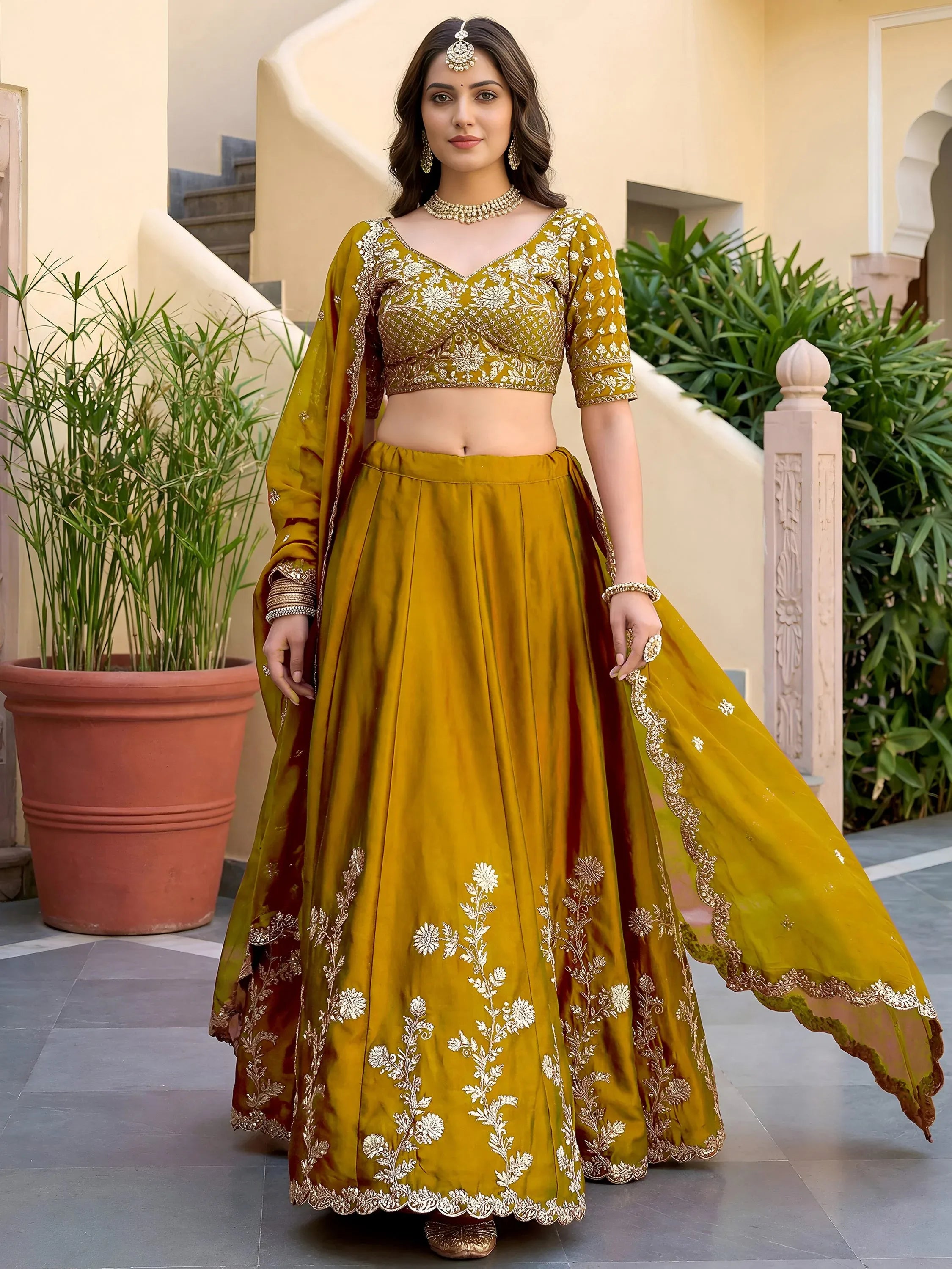 Regal Mustard Yellow Sequins Silk Haldi Wear Lehenga Choli With Dupatta