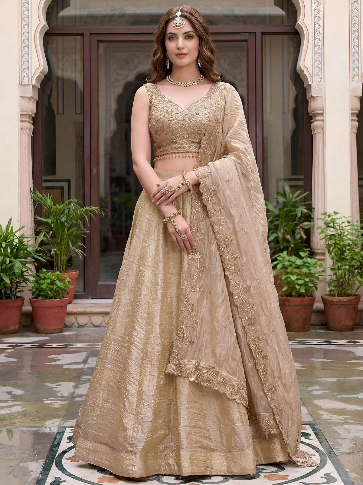 Precious Golden Sequins Silk Function Wear Lehenga Choli With Dupatta