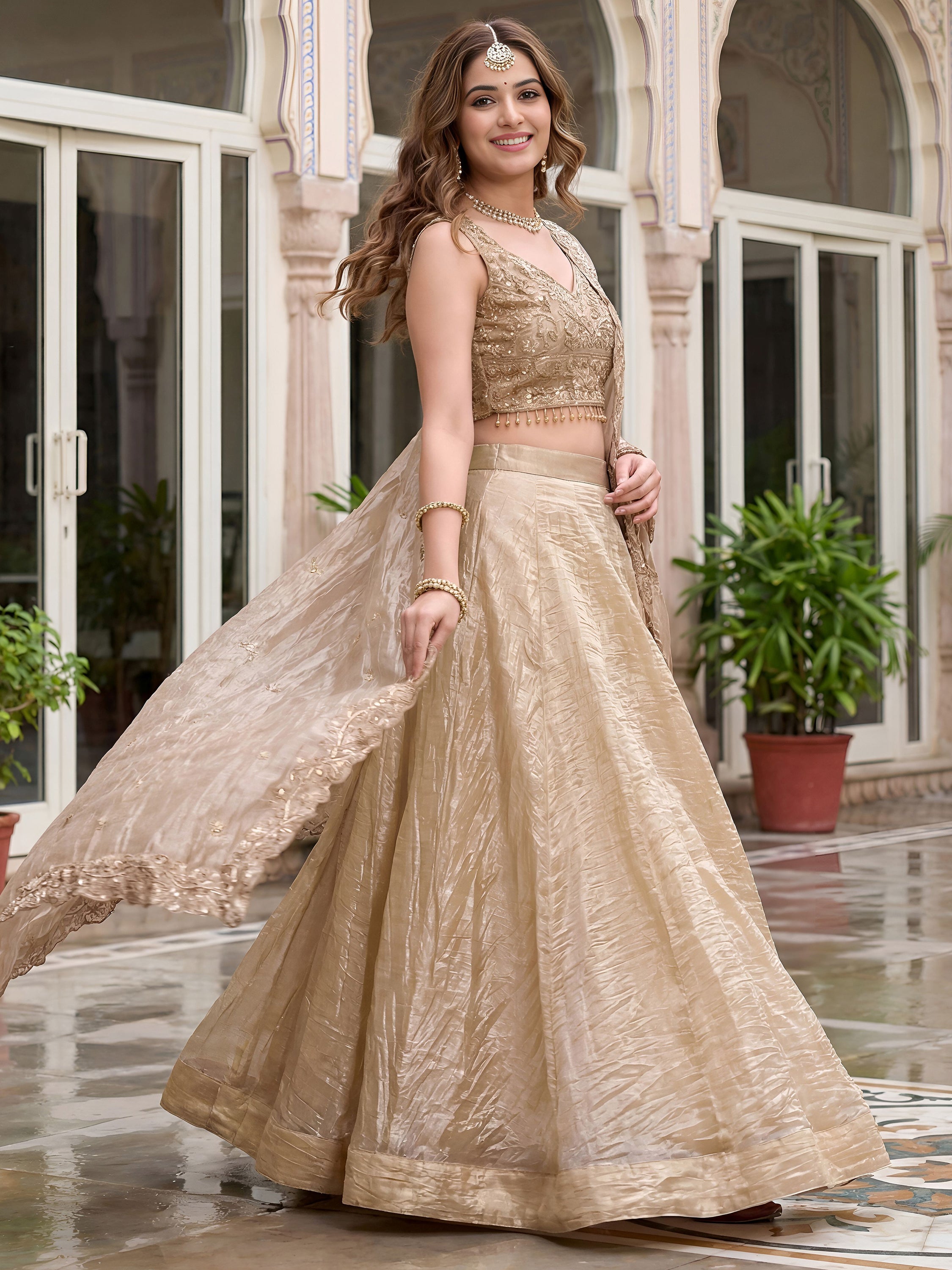 Precious Golden Sequins Silk Function Wear Lehenga Choli With Dupatta