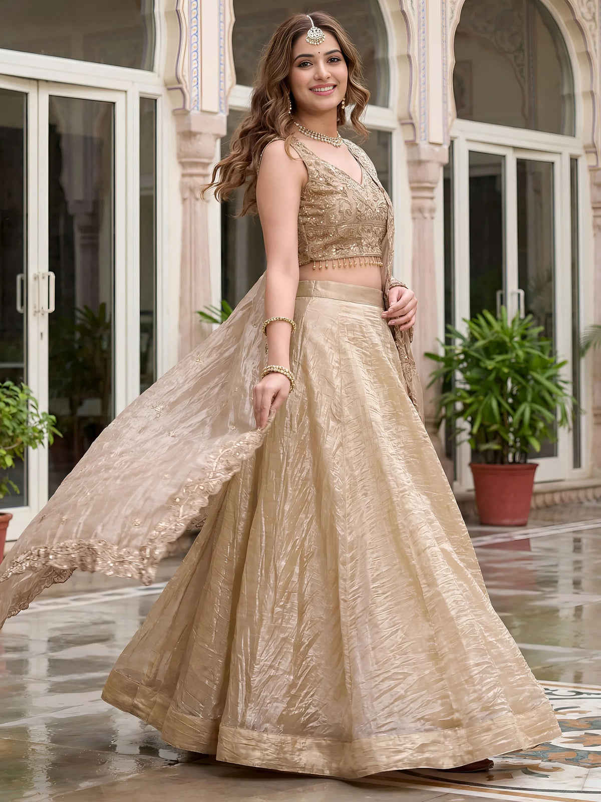 Precious Golden Sequins Silk Function Wear Lehenga Choli With Dupatta