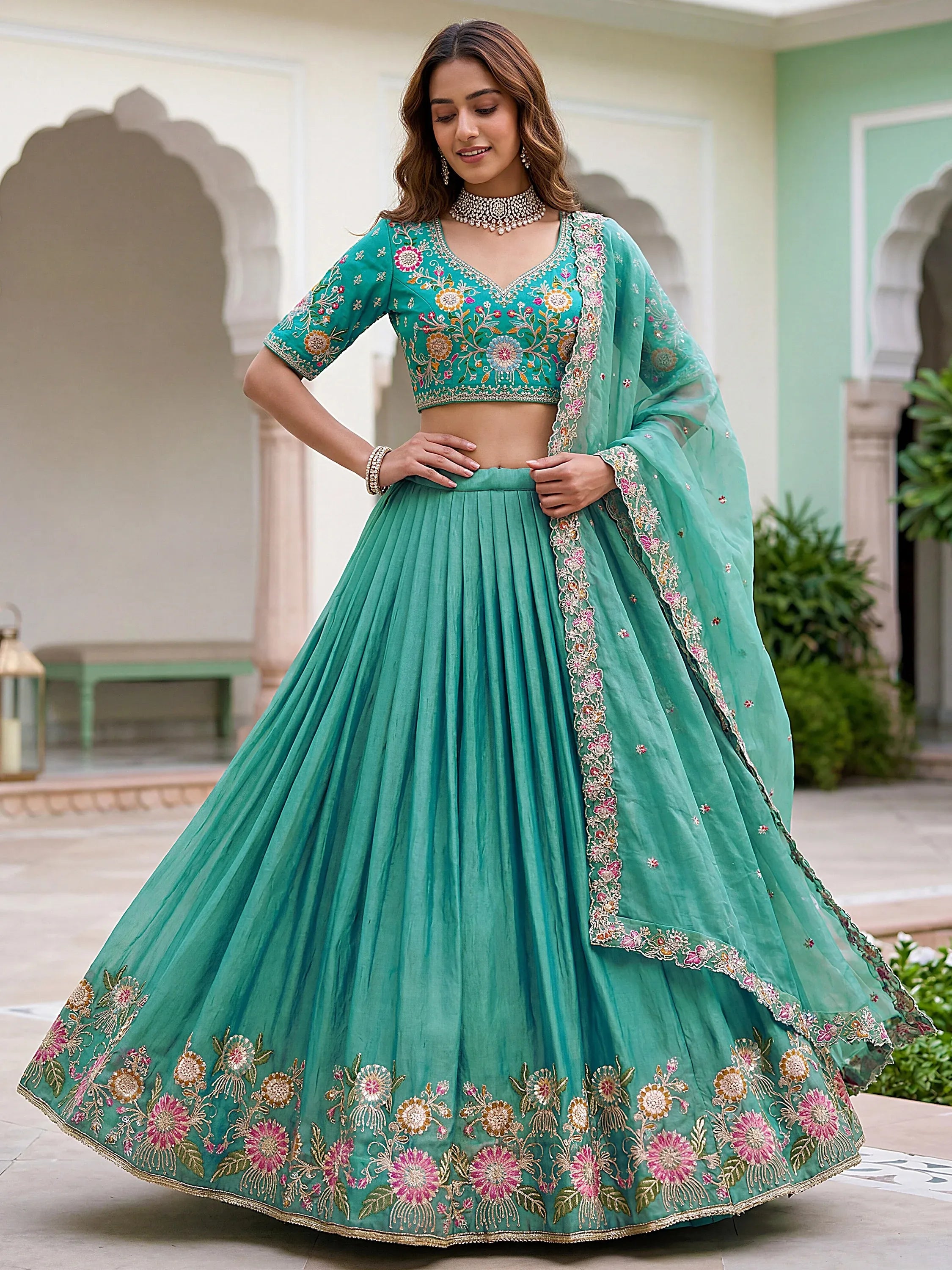 Wonderful Sea Green Floral Embroidery Organza Lehenga Choli With Dupatta