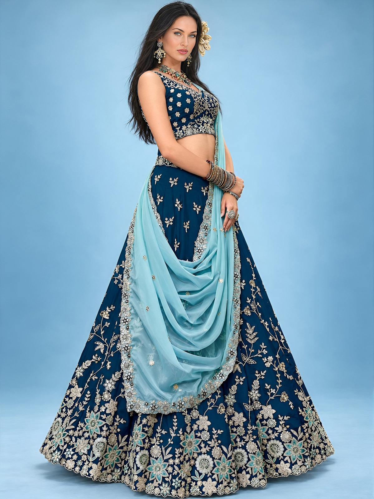 Great Blue Floral Embroidery Silk Wedding Wear Lehenga Choli