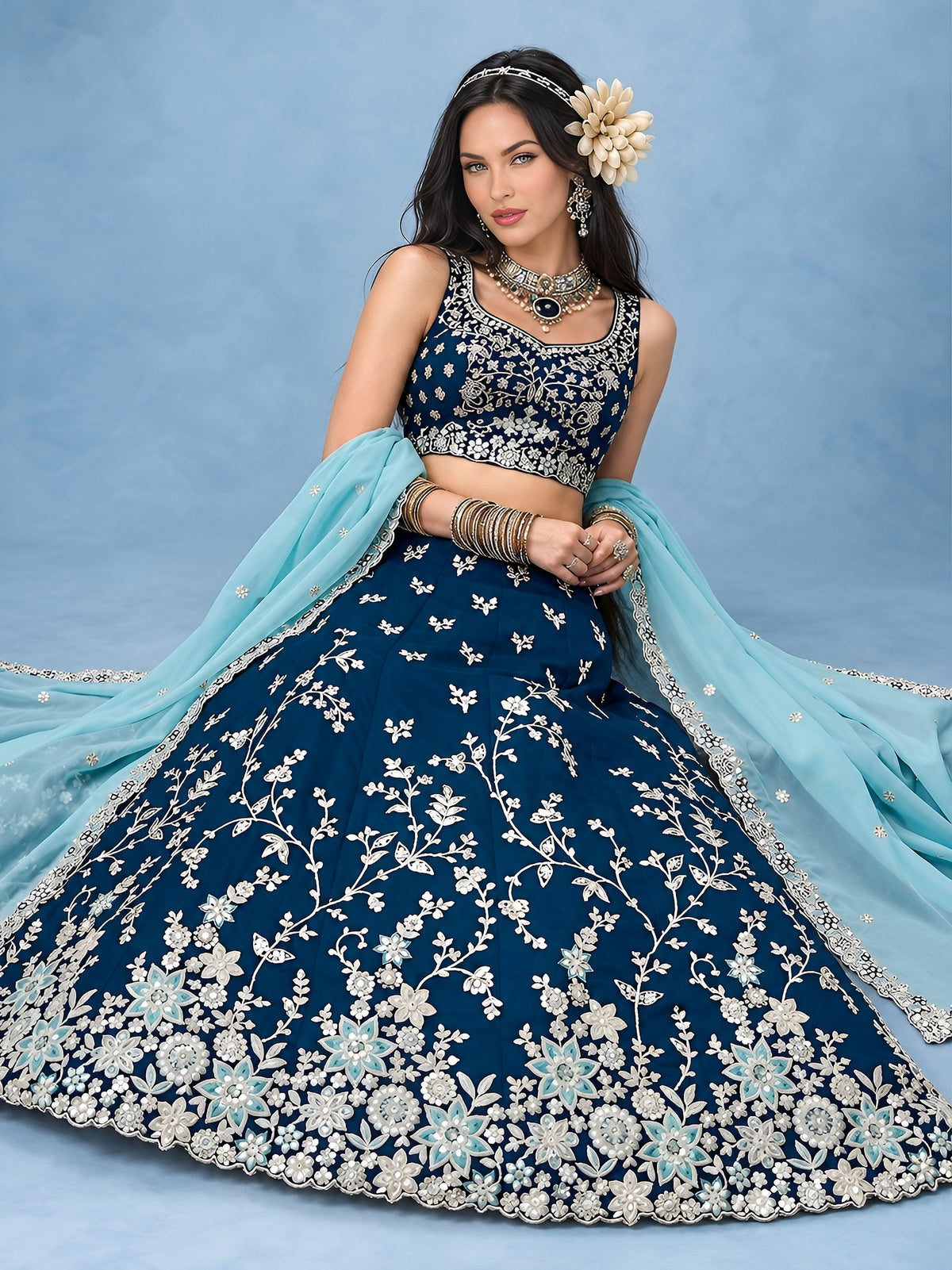 Great Blue Floral Embroidery Silk Wedding Wear Lehenga Choli