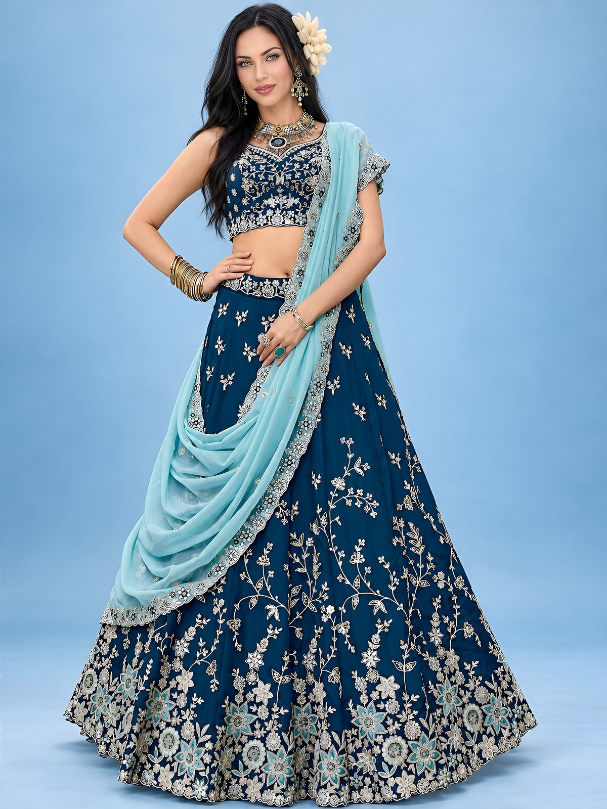 Great Blue Floral Embroidery Silk Wedding Wear Lehenga Choli