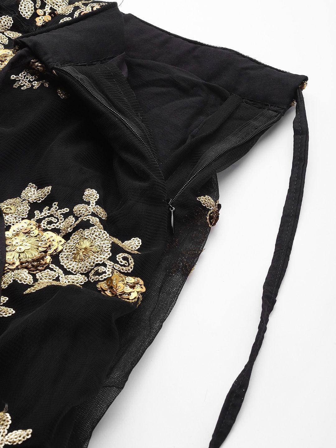 Black ethnic gown with gold floral embroidery and sequins, back zipper detail
