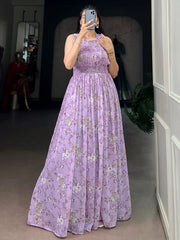Graceful Lavender Floral Printed Georgette Casual Party Wear Dress