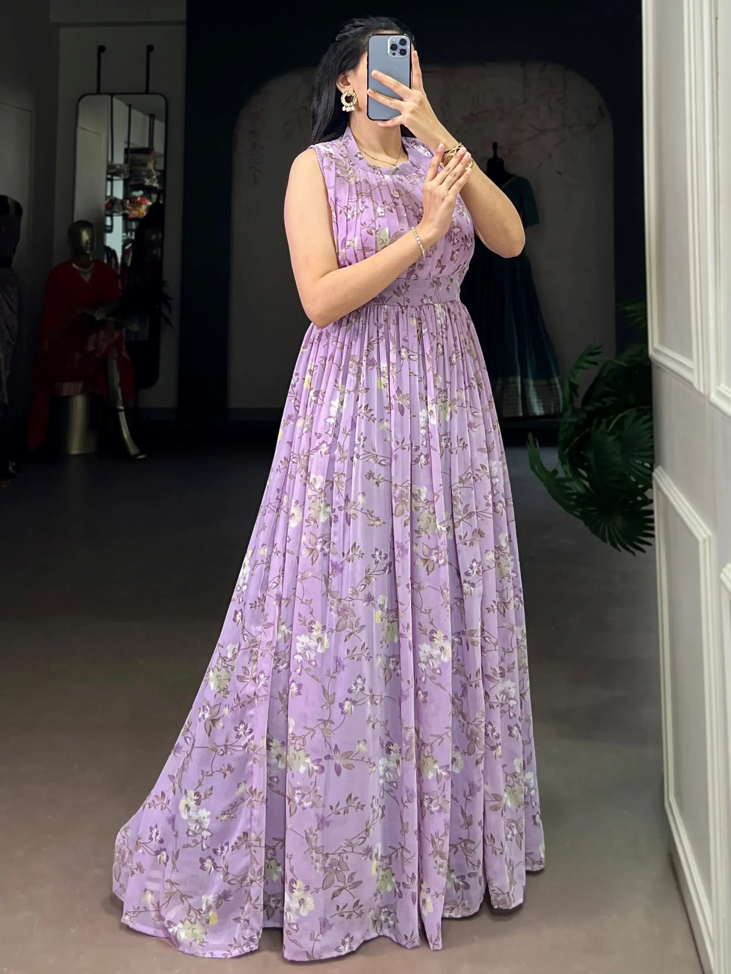 Graceful Lavender Floral Printed Georgette Casual Party Wear Dress
