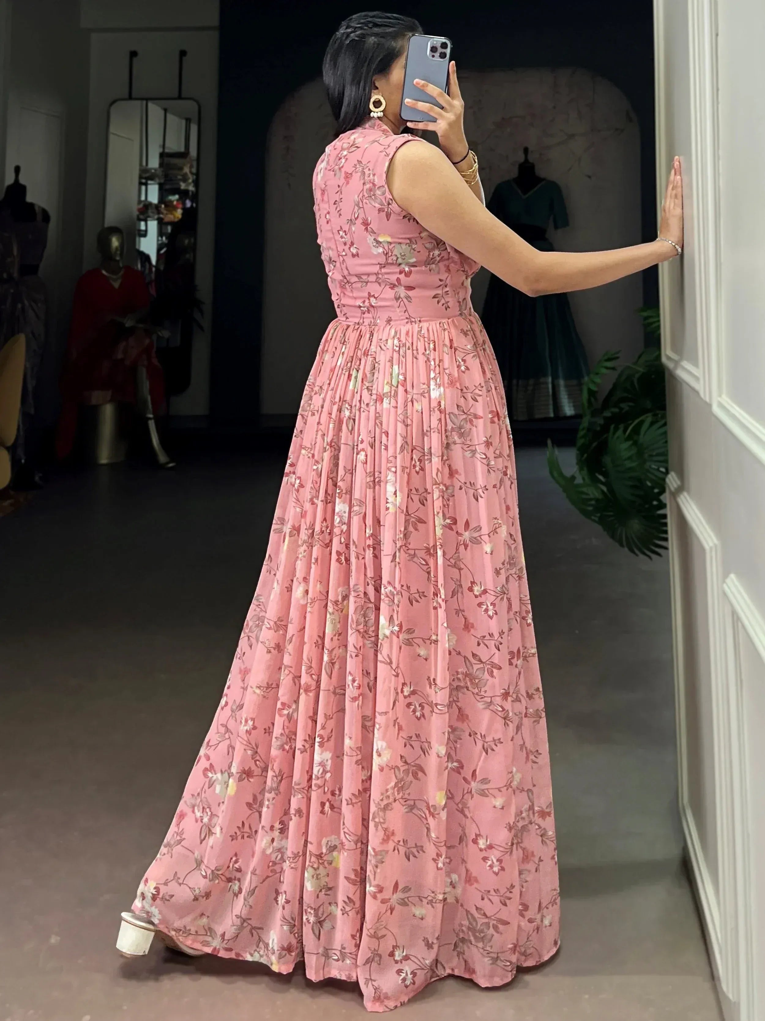 Captivating Pink Floral Printed Georgette Casual Wear Dress