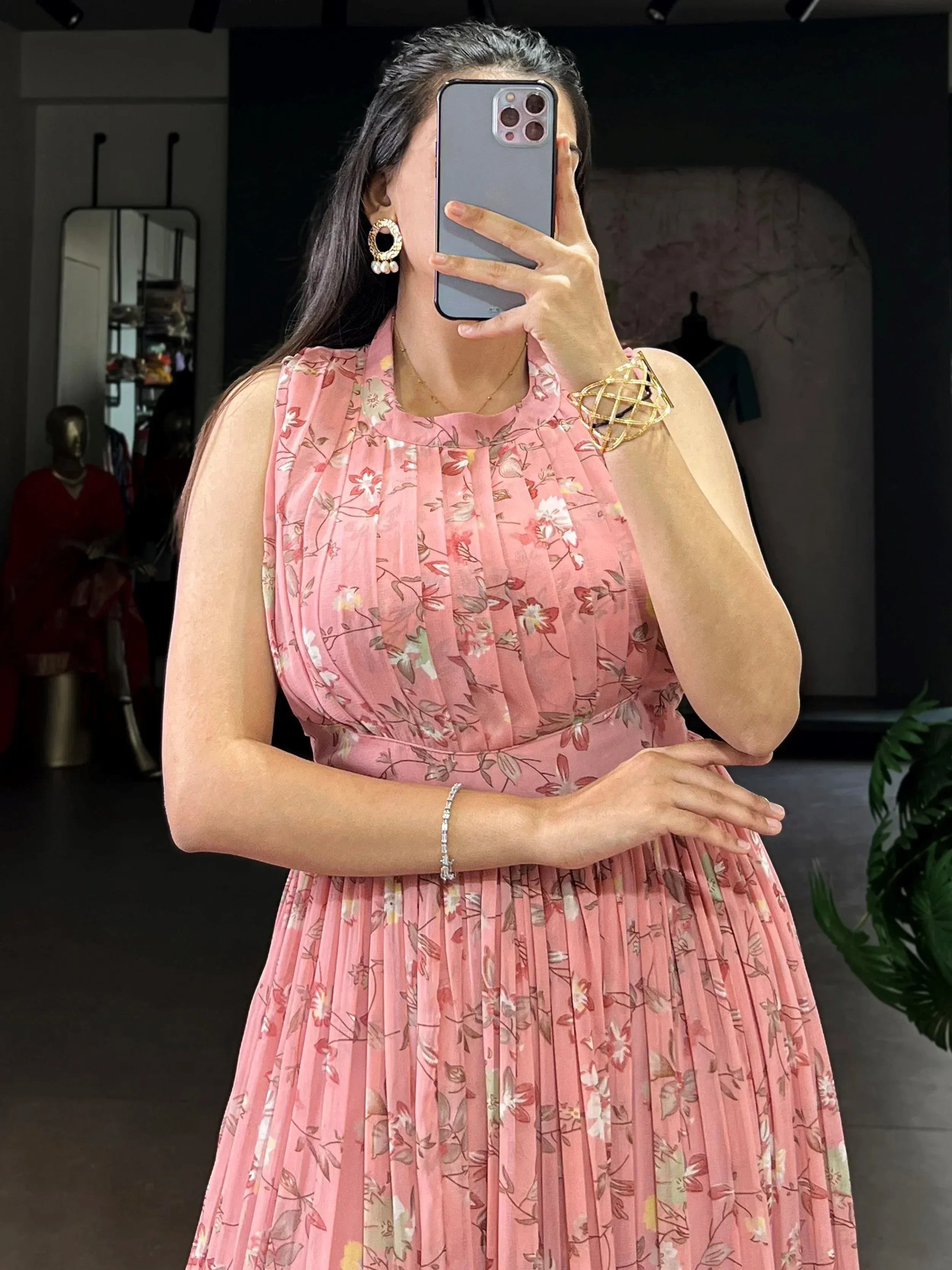 Captivating Pink Floral Printed Georgette Casual Wear Dress