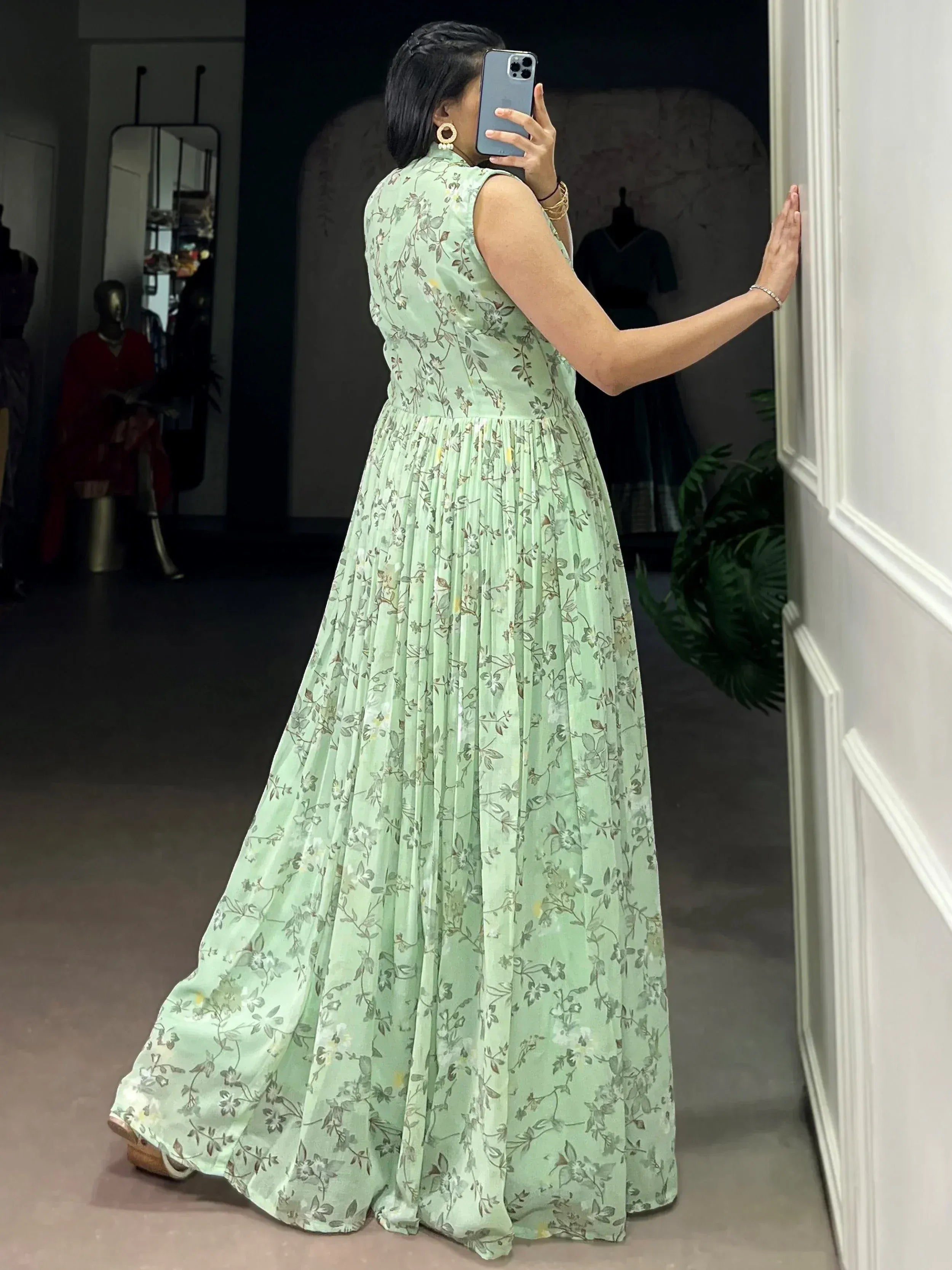 Outstanding Green Floral Printed Georgette Casual Party Wear Dress