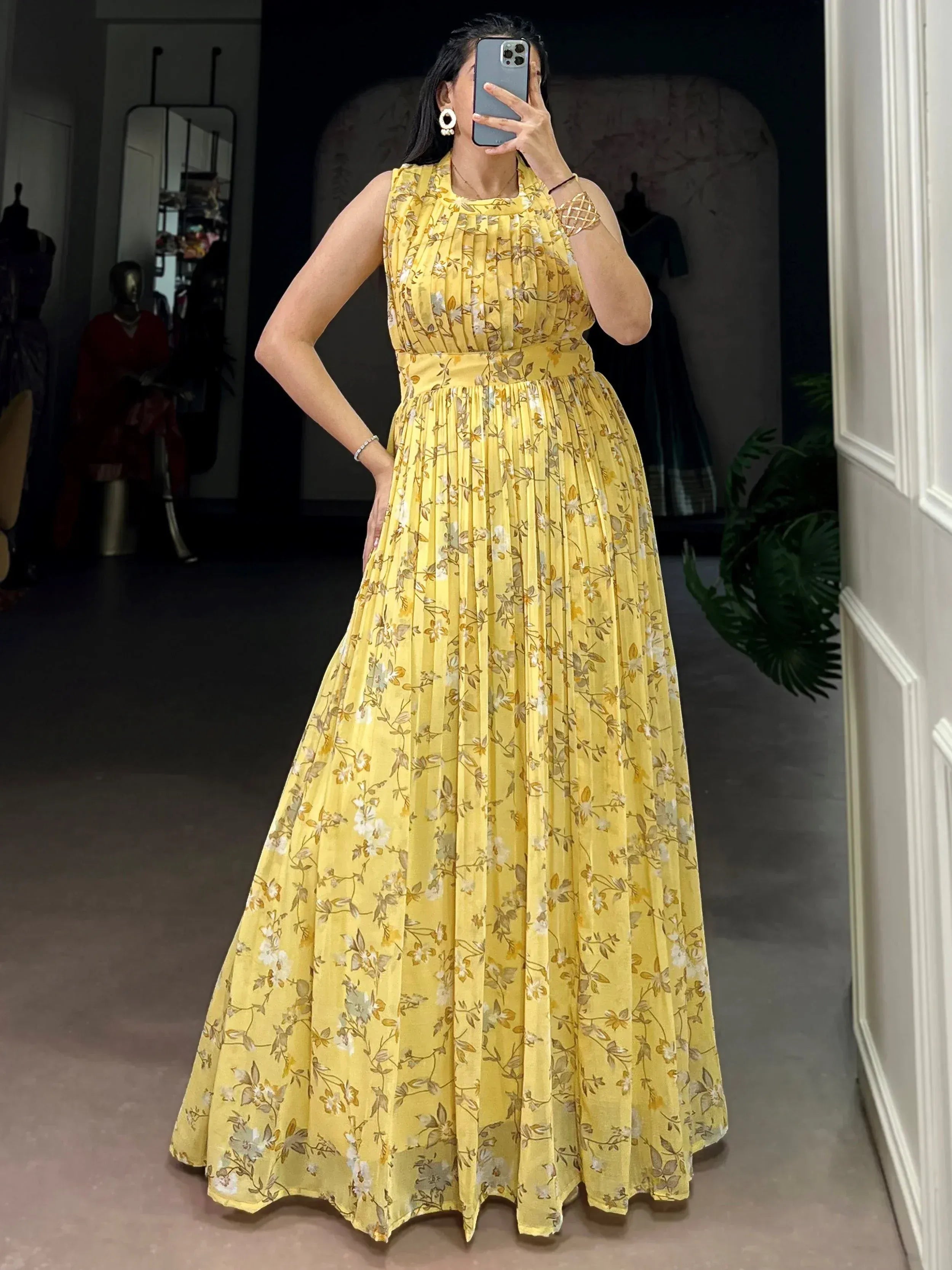 Elegant Yellow Floral Printed Georgette Casual Wear Dress